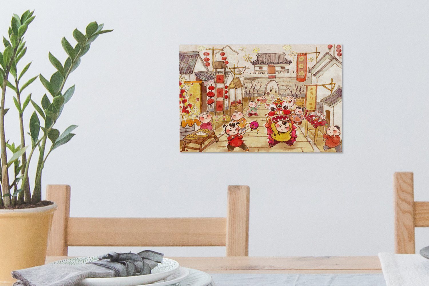 OneMillionCanvasses® Leinwandbild Eine Illustration cm Straßenfestes (1 Aufhängefertig, Hutong Leinwandbilder, Peking, Wandbild Wanddeko, in einem St), in 30x20 eines