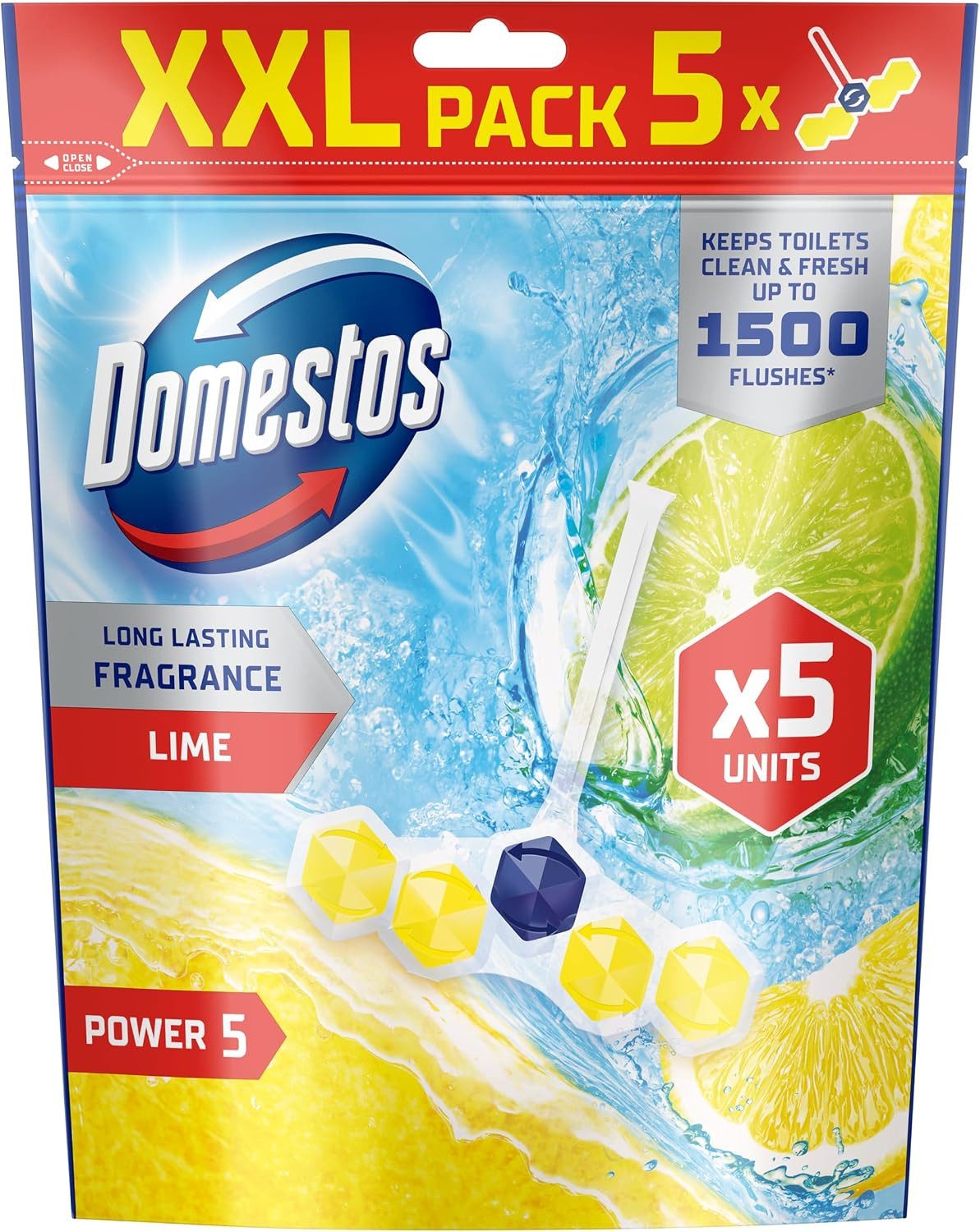DOMESTOS 1x Domestos Power 5 Lime WC Randblöcke 5 x 50 g WC-Reiniger (1-St. WC-Erfrischer mit langanhaltendem Duft für bis zu 300 Spülungen)