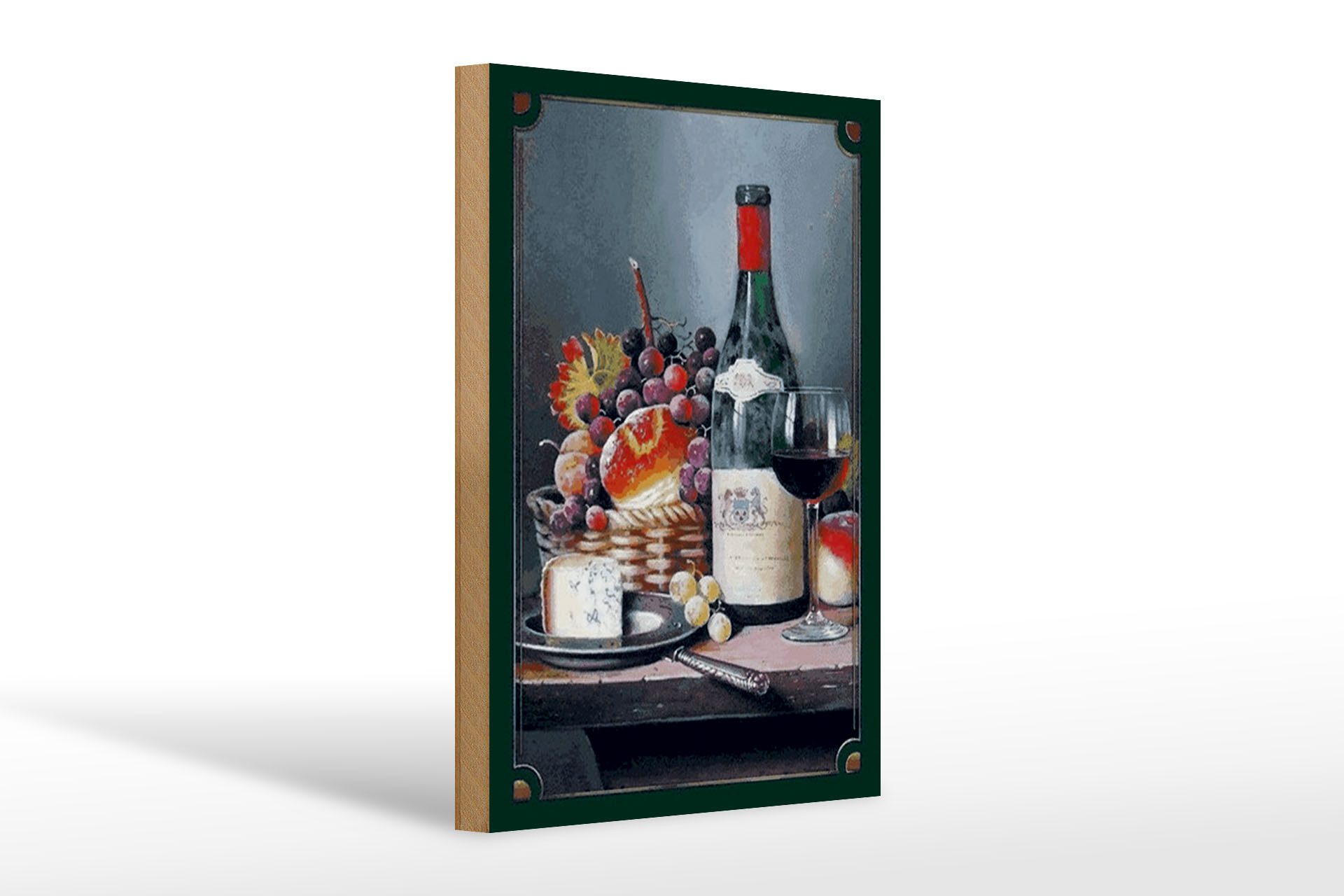 Holzbild Kunst 20x30cm Stillleben Rotwein Käse Obst