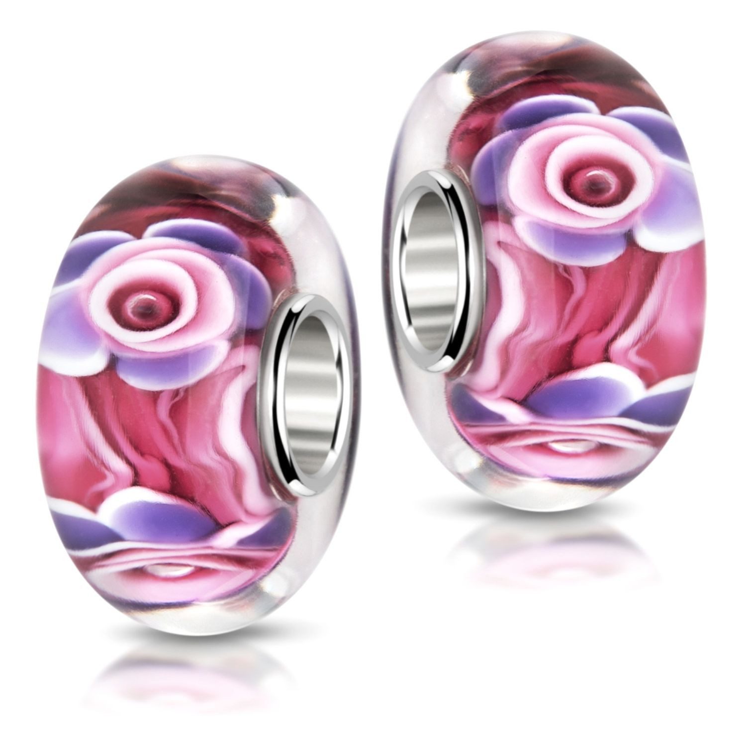 Materia Bead Blumen / Blüten Rot Lila Pink 435, Hülse aus 925 Sterling Silber