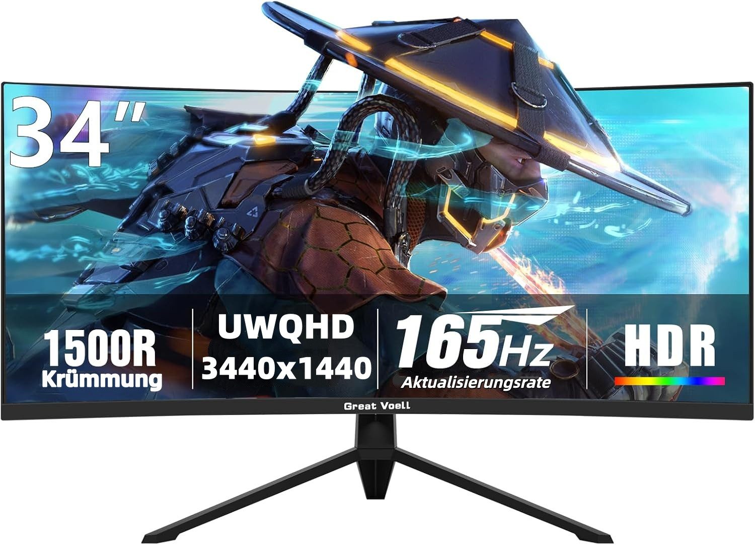 Great Voell 34 Zoll UWQHD, 165 Hz, PIP/PBP, 1500R, VA Curved-Gaming-Monitor (86,36 cm/34 ", 3440 x 1440 px, UWQHD, 1 ms Reaktionszeit, 165 Hz, VA LED, HDR, Ultraweit gebogener Gaming & Home Office Monitor, 127% sRGB)