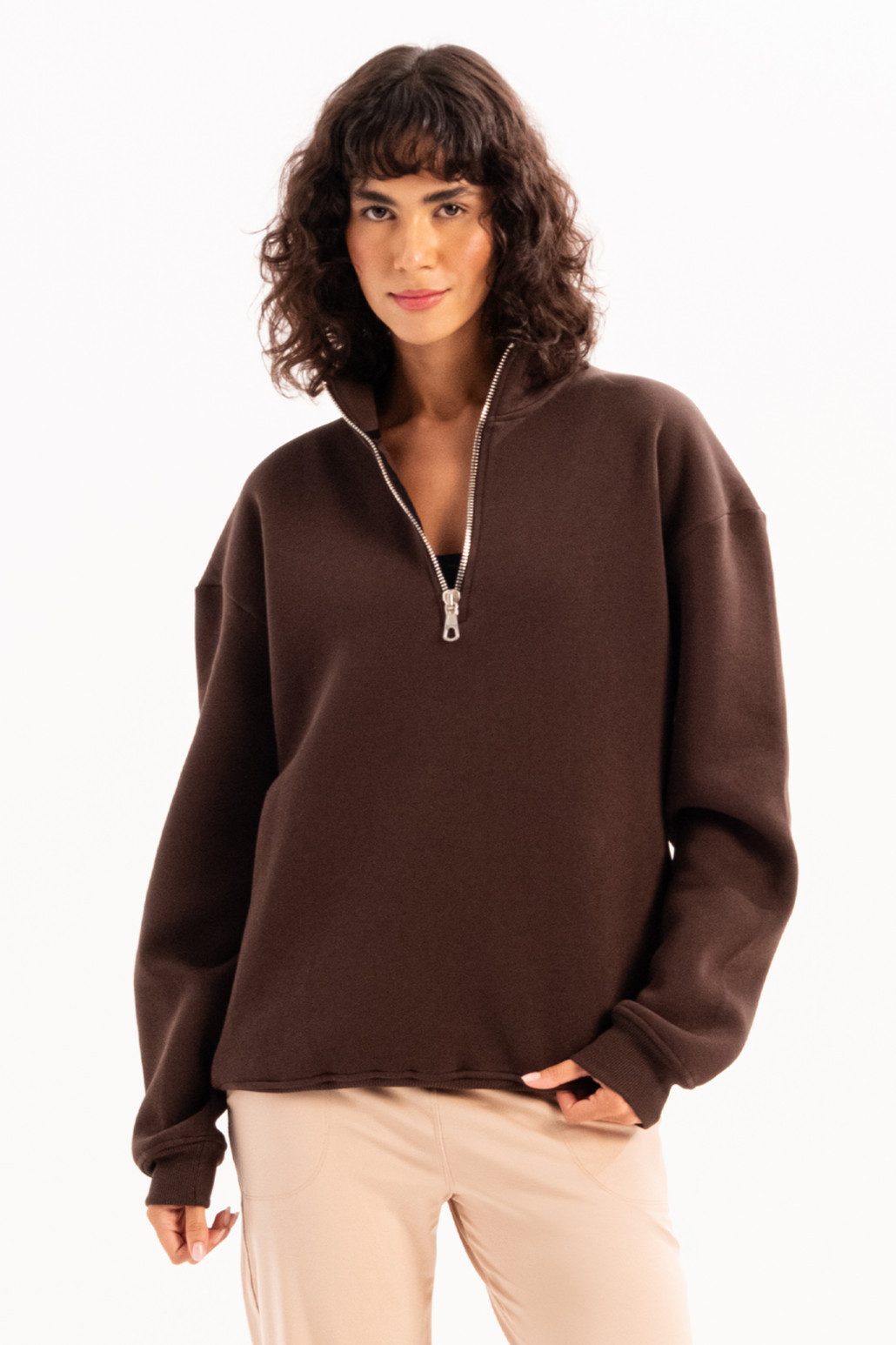 Sweatshirt Oversize-Fit-Damen-Sweatshirt mit Stehkragen und halbem Reißverschluss