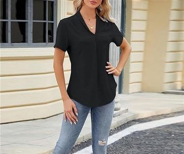 B.X 2-in-1-Shirt Damen kurzärmelig Jacquard V-Ausschnitt hohle Oberteile Revers Hemden Damen lässiges T-Shirt mit kurzen Ärmeln und lockerer Passform