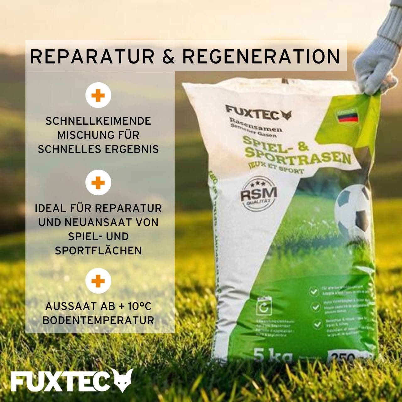FUXTEC Rasensamen FX-RSSP5, 5 kg, Hohe Keimfähigkeit, belastbar und trittfest, Neu- und Nachsaatflächen