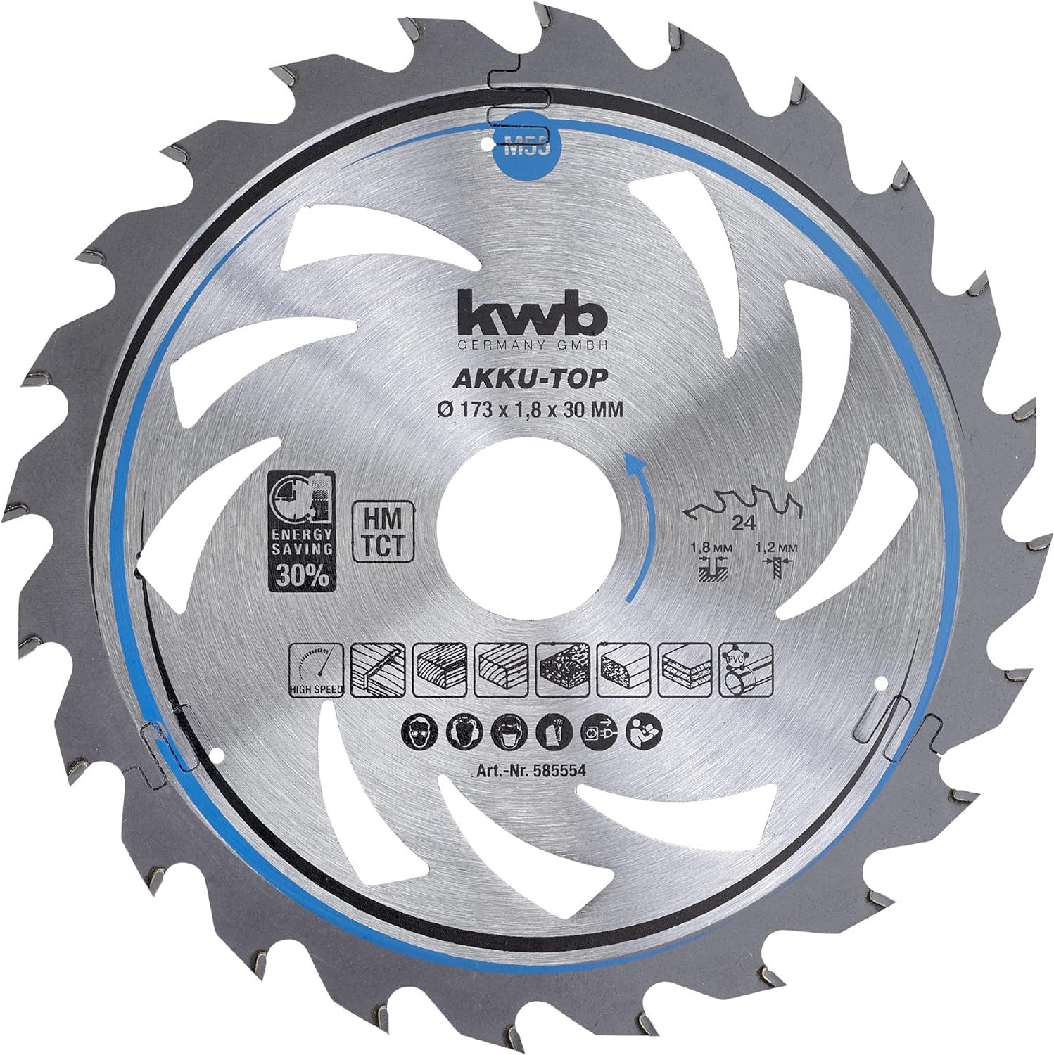 kwb Kreissägeblatt Sägebl HM Mit-Dü 173x30 Z24, Kreissägeblatt 173 x 30 mm, leichtgängig, speziell für Akkumaschin