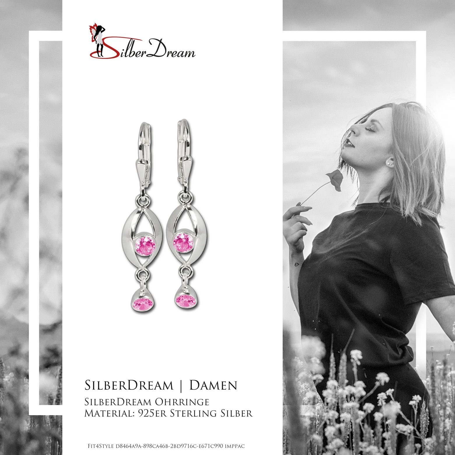 SilberDream Paar Ohrhänger SilberDream Ohrringe für Damen 925 Silber (Ohrhänger), Damen Ohrhänger Eye aus 925 Sterling Silber, Farbe: silber, rosa – Bild 4 von 5