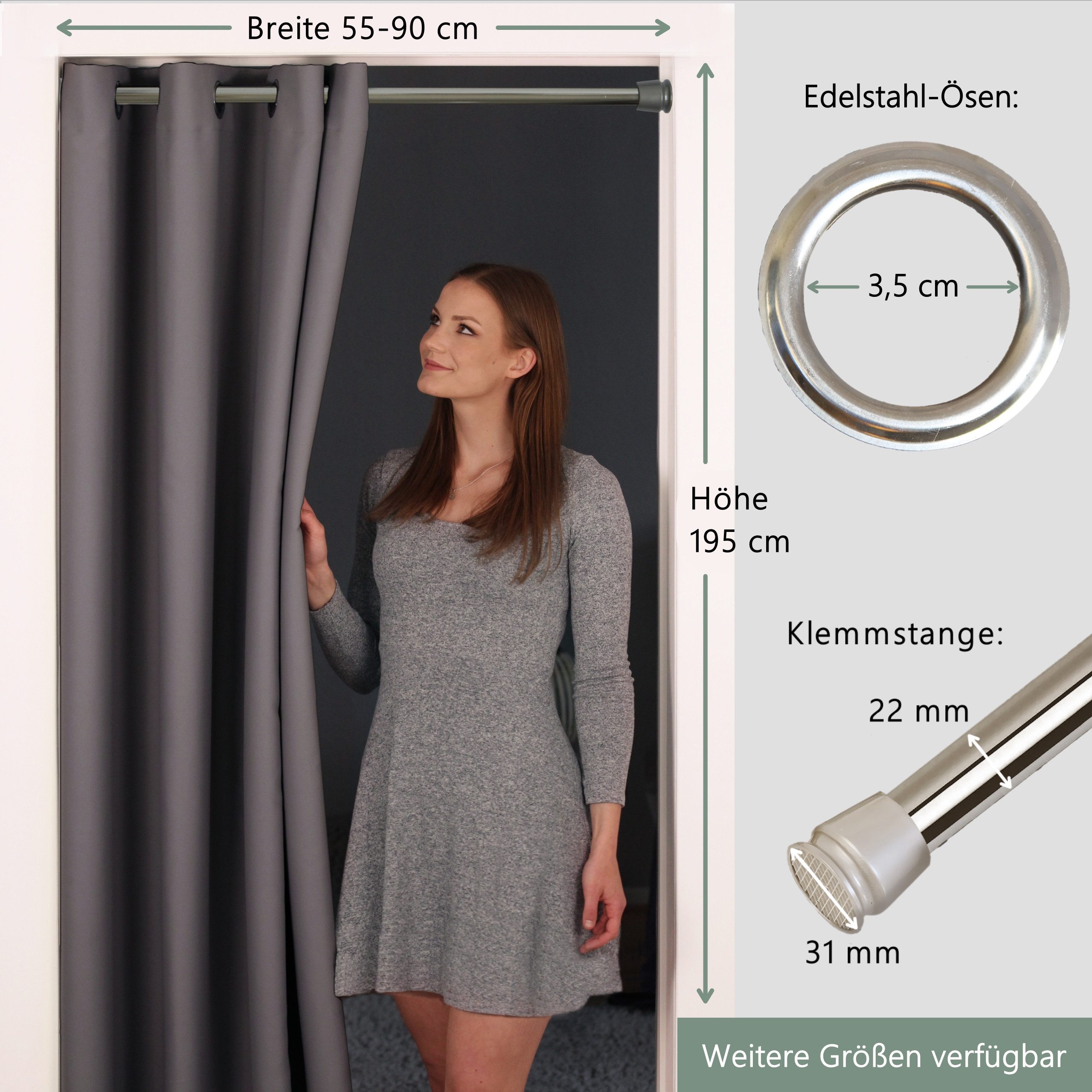 tinycurtains Türvorhang mit Stange silber 55-90 cm ohne Bohren, Thermo Vorhang mit Magneten, Ösen, abdunkelnd, Polyester, blickdicht, grau Nebula, Türgardine mit Klemmstange verdunkelnd