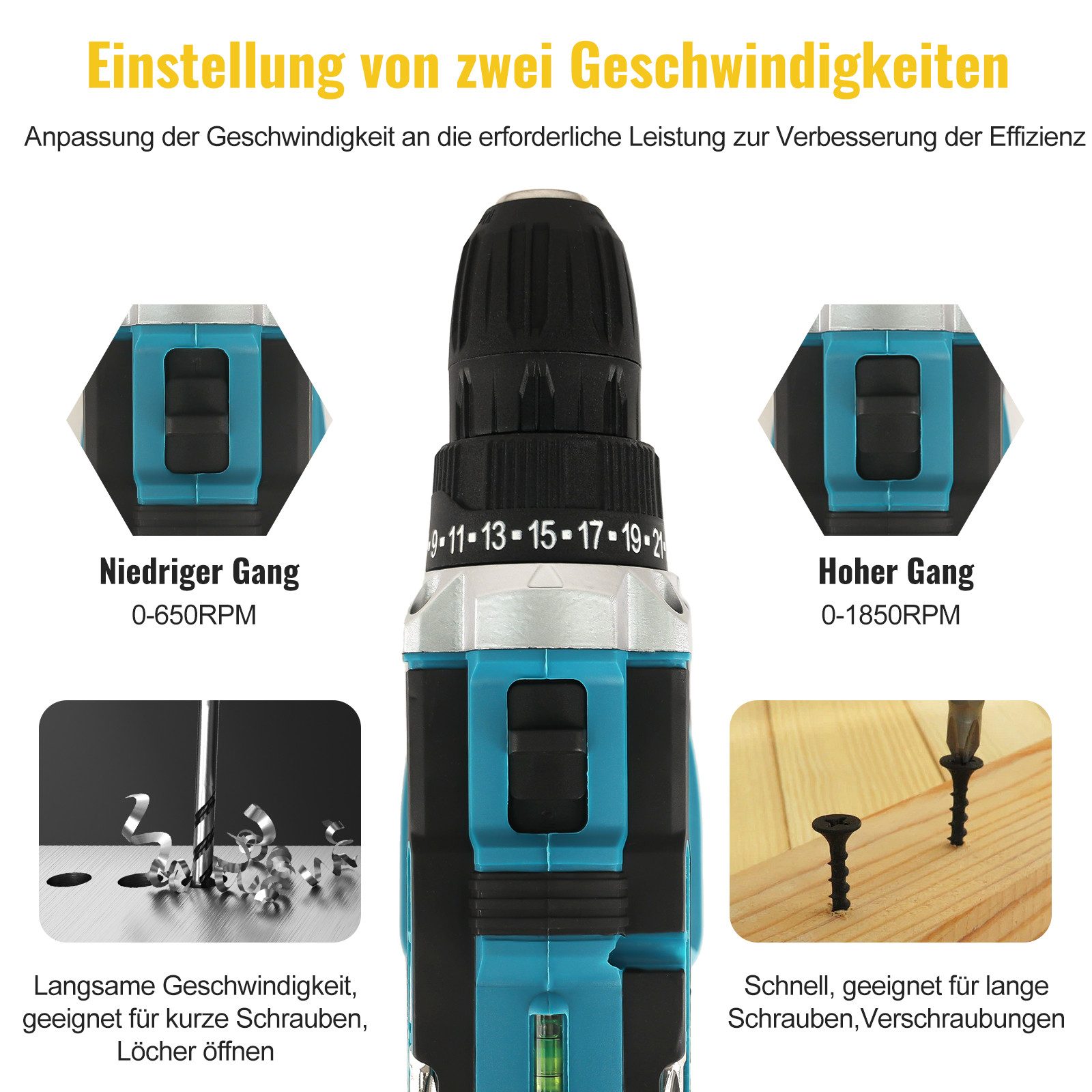 CONENTOOL Akku-Schrauber Akkuschrauber und Bohrschrauber, 1850 U/min, 45 Nm, (Set, 21V), mit 2 x 2000mAh Akkus & 30-tlg. Zubehörset