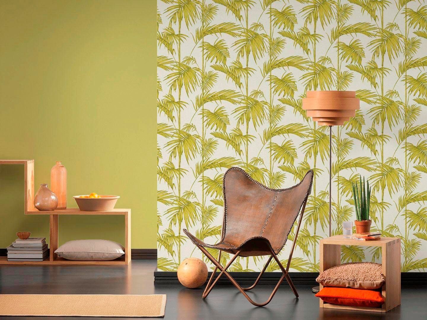 tropisch, Paris, Palmen Metropolitan hellbeige/grün botanisch, Lola living walls Floral Stories Vliestapete Tapete
