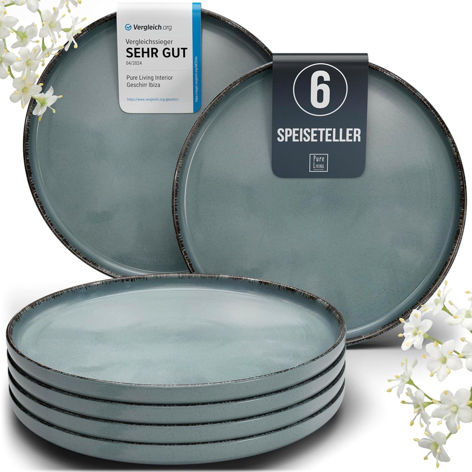 PURE LIVING INTERIOR DESIGN Geschirr-Set Rustic Speisseteller, Dinnerteller, 6er-Set, 26 cm, Rauchblau (6-tlg), 6 Personen, Steingut