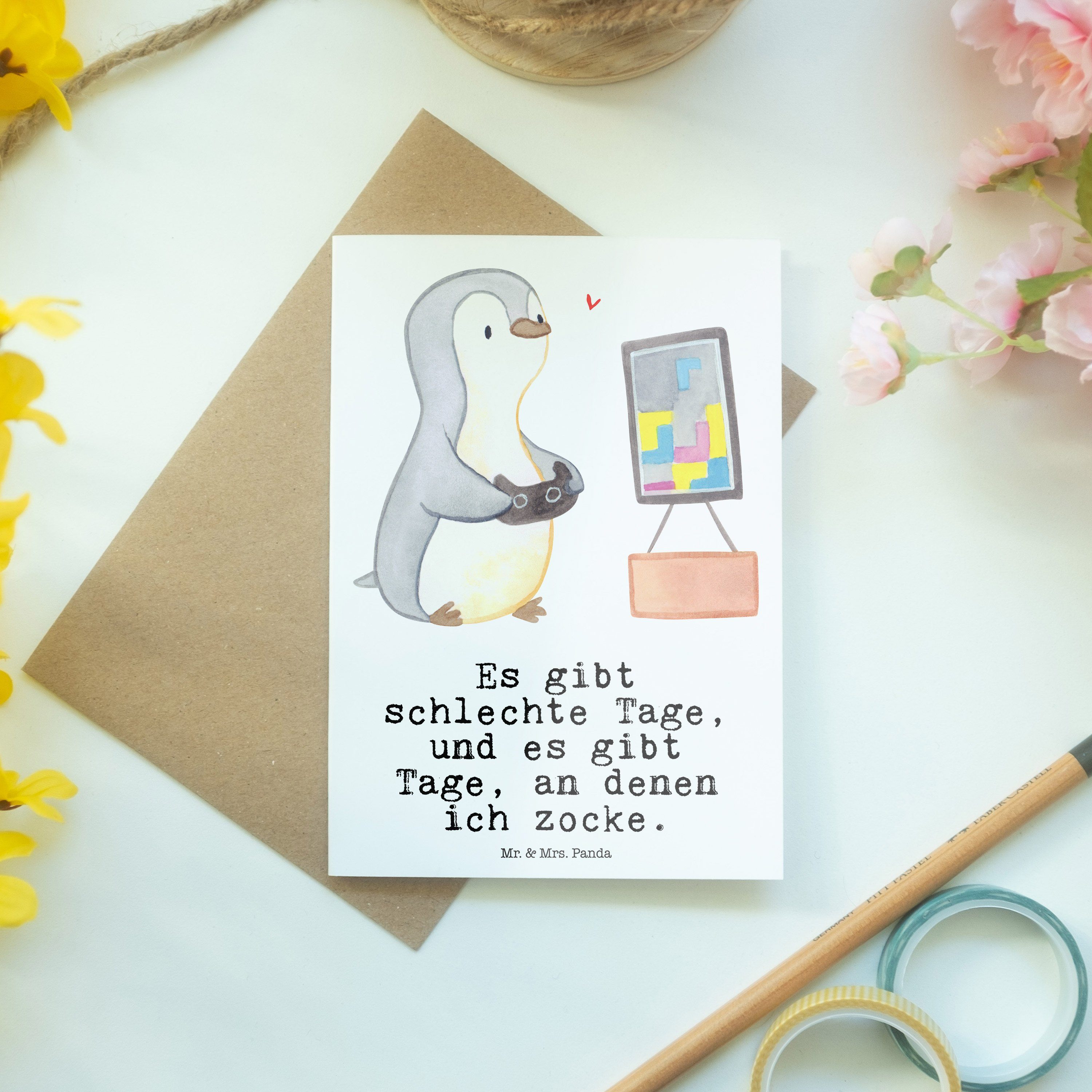 Zocken Mrs. Tage Videogames Weiß Geschenk, Mr. & Glückwunschkarte, Panda Pinguin Grußkarte - -