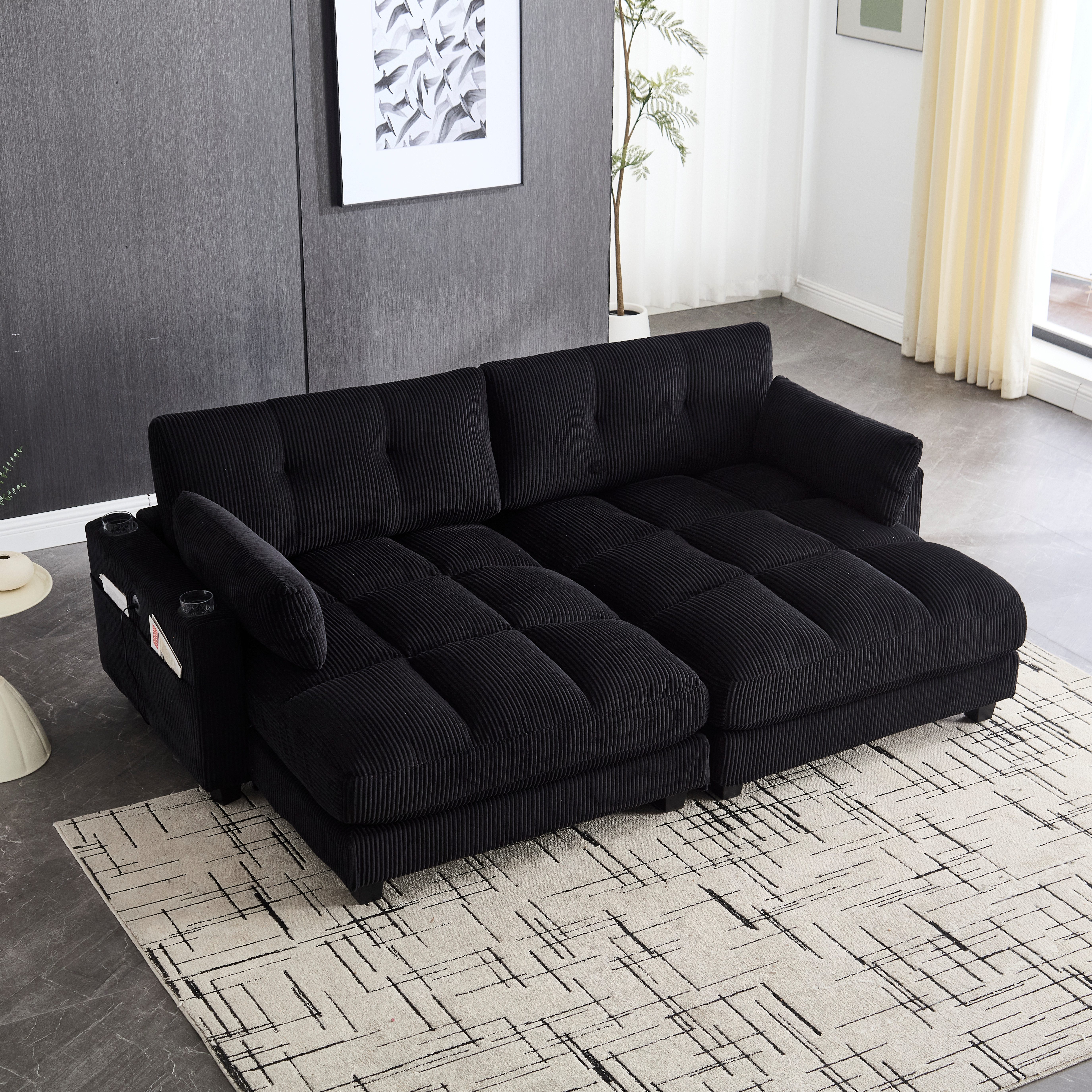 KLAM HOME Schlafsofa Ecksofa Palmensessel Relaxsofa Polstermöbel mit 2Becherhaltern&USB, mit eine Seitentaschen, Cordstoff, Sitzsack mit rollenden polstern, Perfekt für Wohnzimmer, Schlafzimmer, Jugendzimmer, Gästezimmer