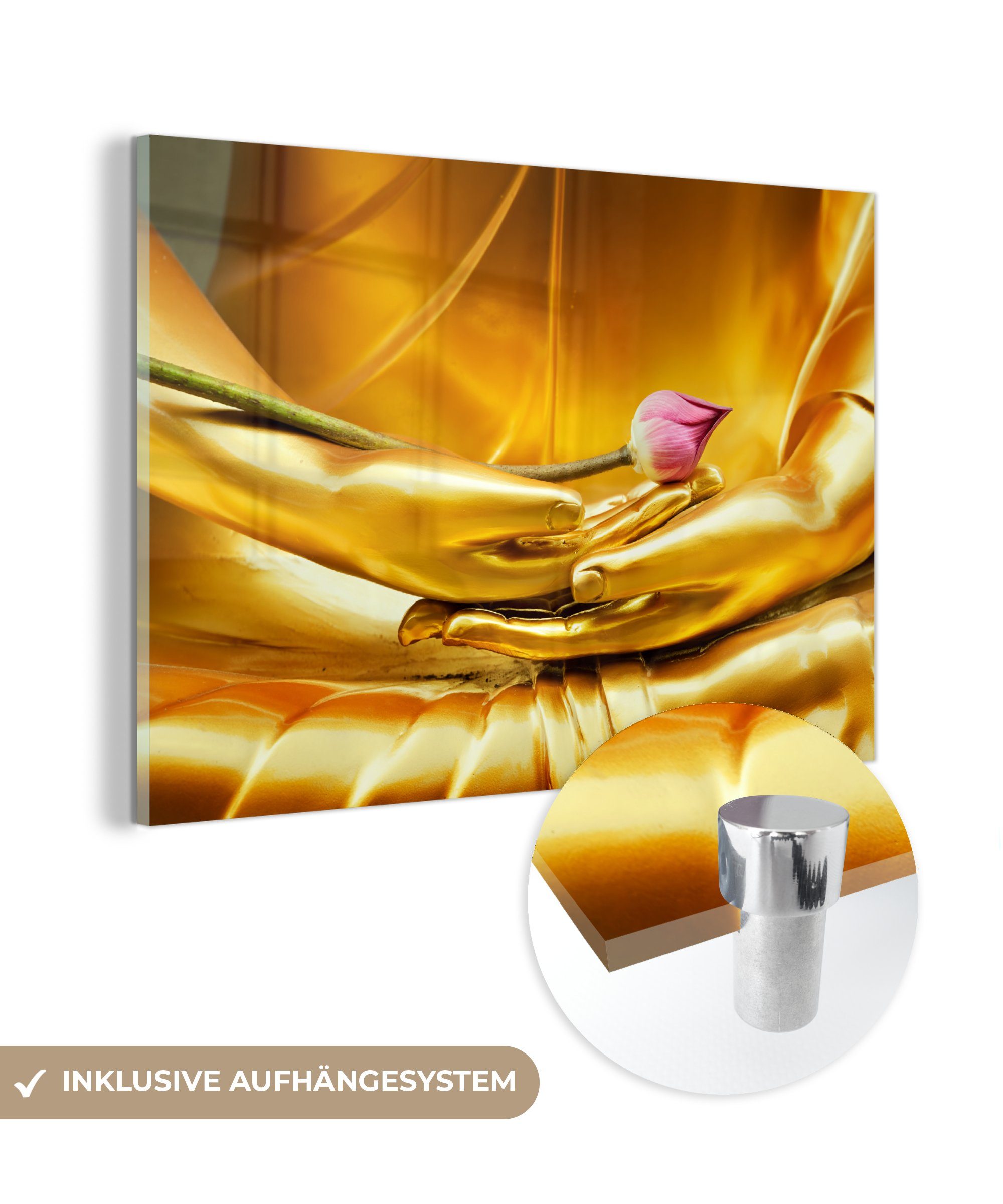 MuchoWow Acrylglasbild Buddha - Blume - Gold, (1 St), Acrylglasbilder Wohnzimmer & Schlafzimmer