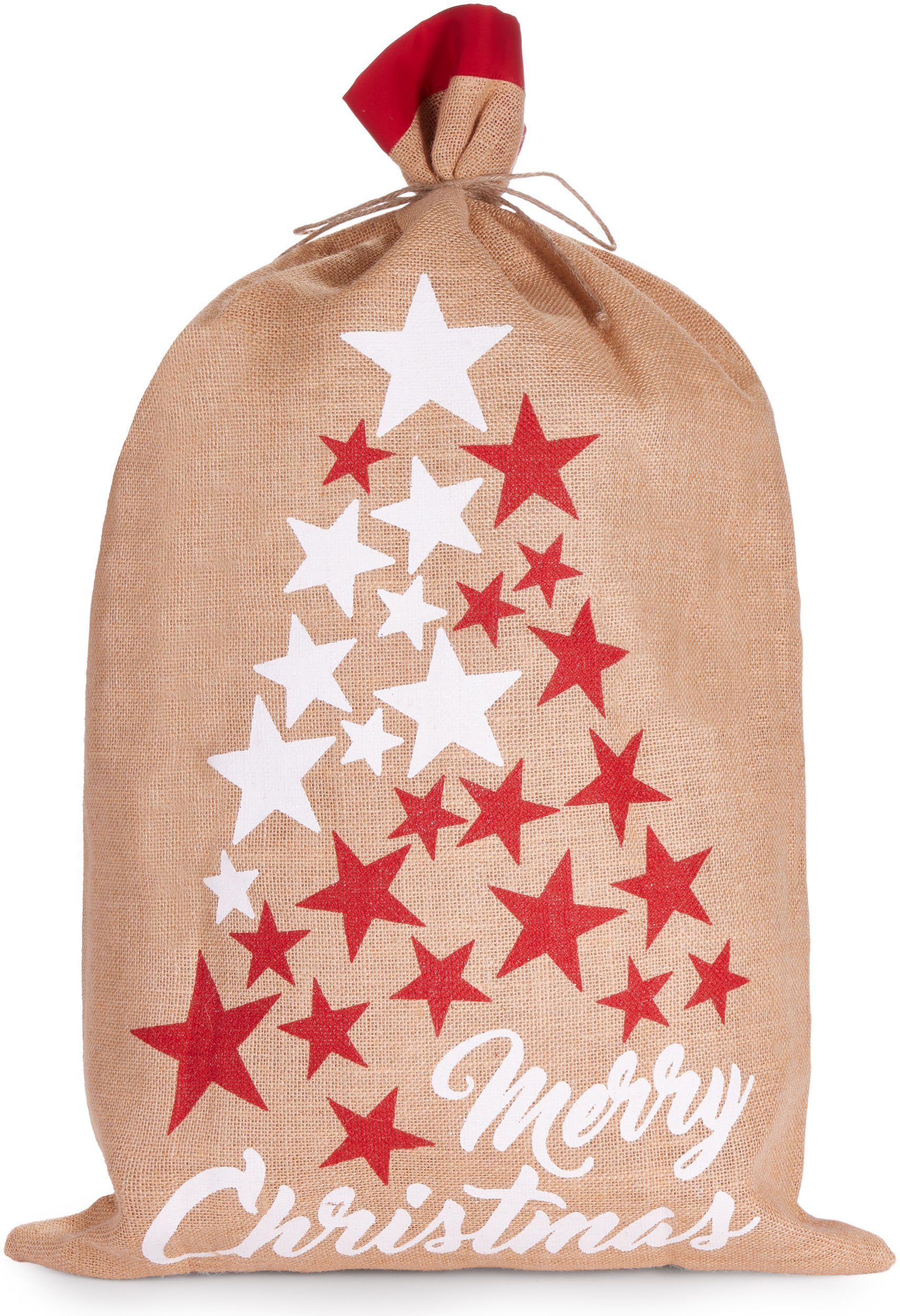 Aufbewahrungstasche Weihnachtssack Sterne Weiß Rot - Merry Christmas - 80 cm Geschenksack
