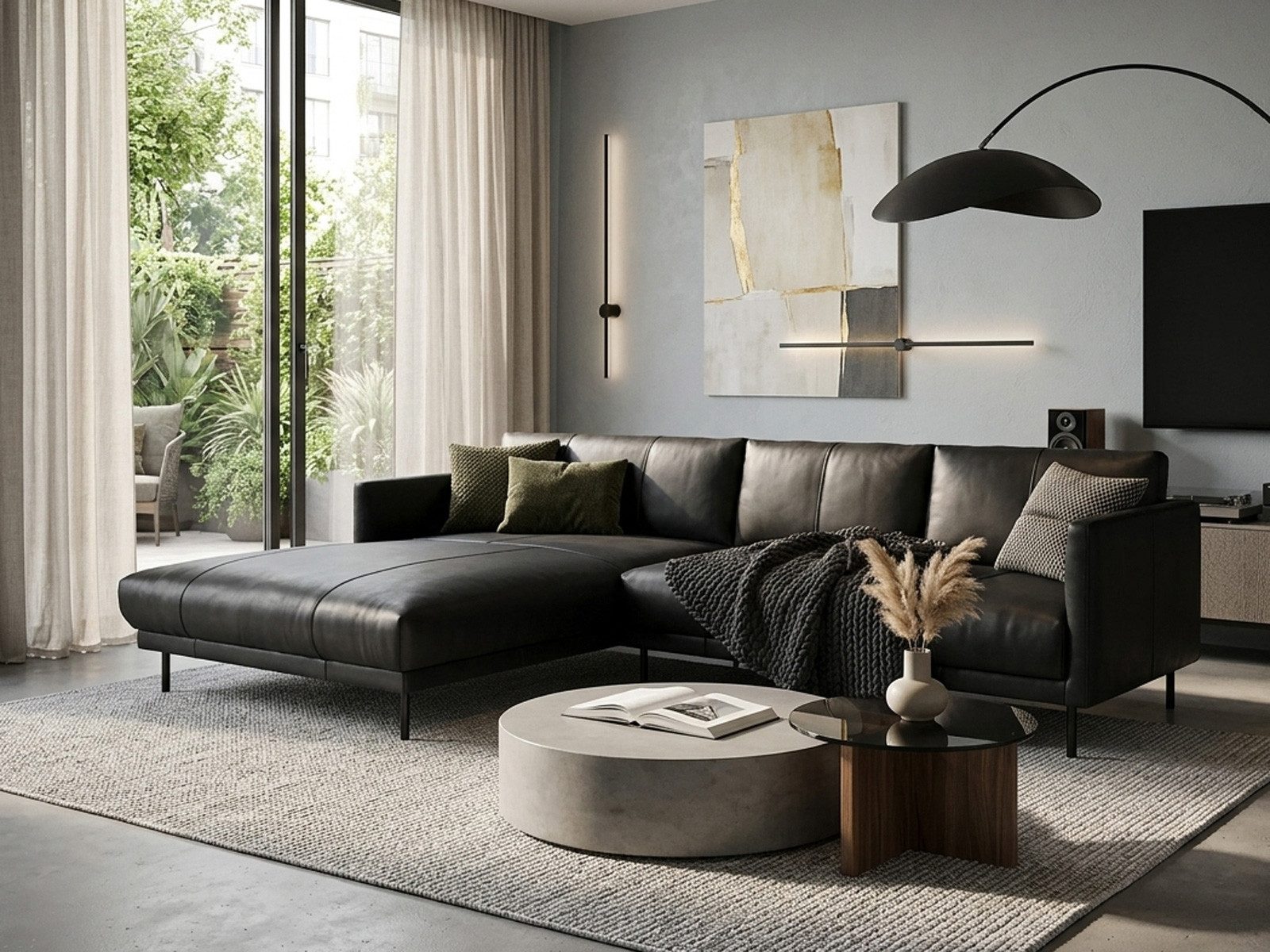 Rolf Benz Ecksofa Ecksofa Rolf Benz freistil 133 Ottomane links Leder schwarz, Echtes Leder