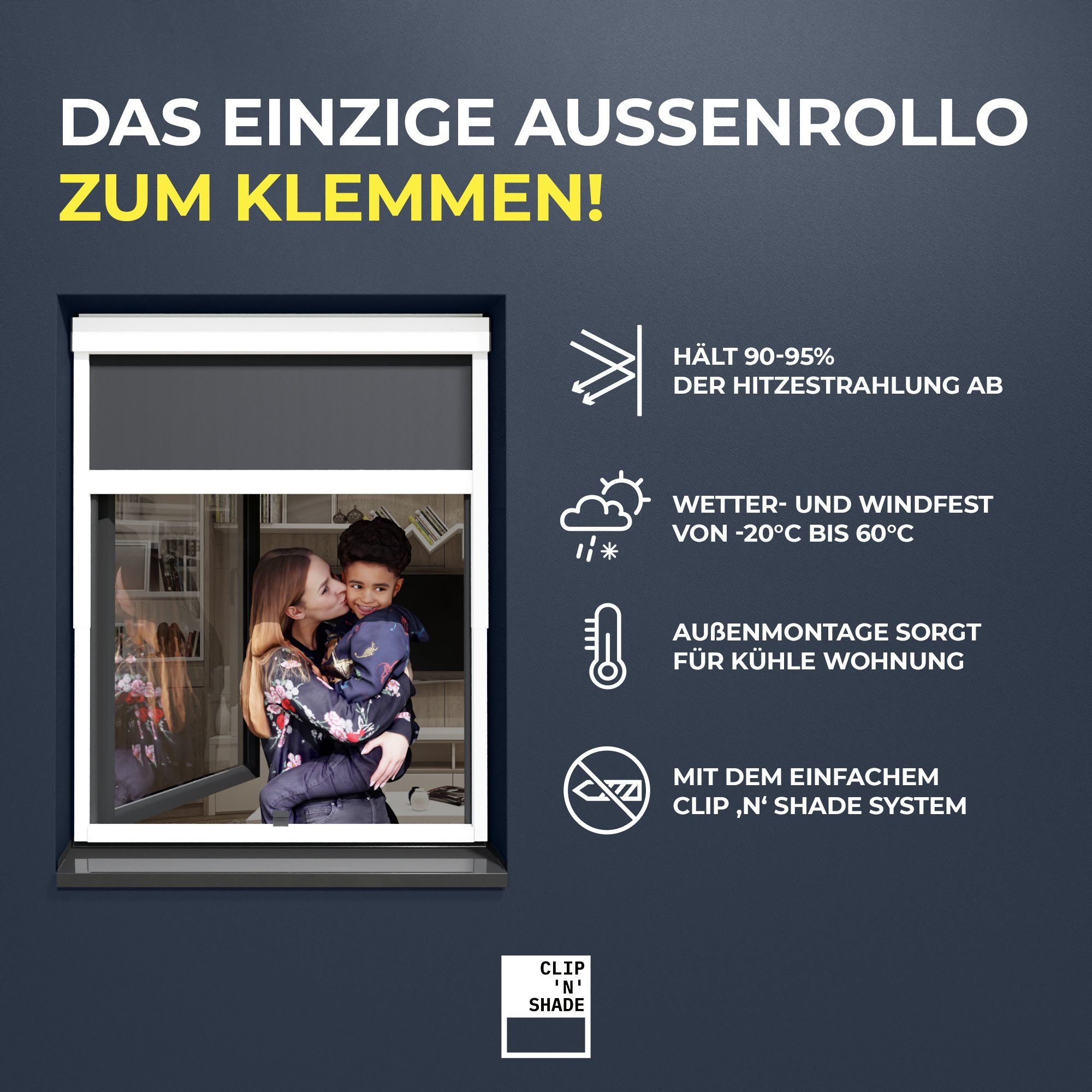 Außen am hochwertige Klemmmontage, CLIP`N`SHADE, Rollo Grau Balkontüren, Aussenrollo CLIP`N`SHADE Fenster, Aluminiumprofile für