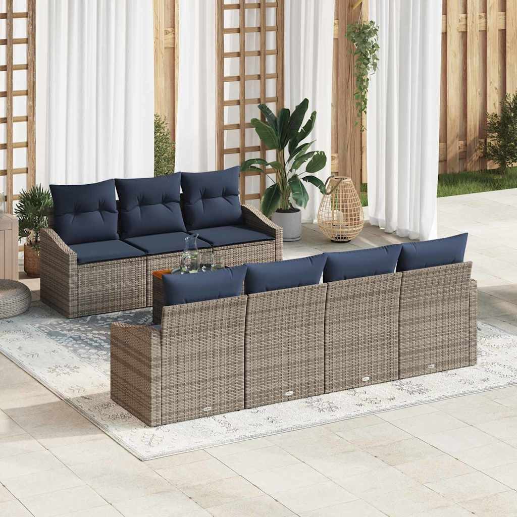 vidaXL Gartenlounge-Set Gartensofa-set 8 pcs Grau und Marineblau Poly-Rattan, (8-tlg)