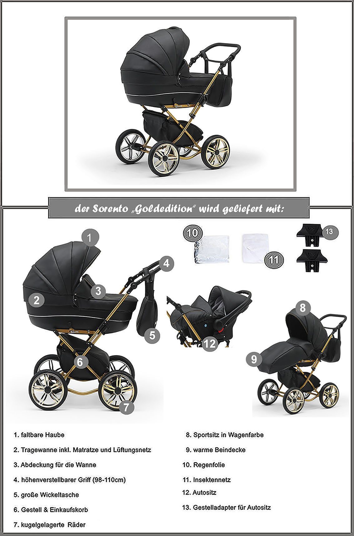 BabyMerc Kombi-Kinderwagen Sorento Gold 4 in 1 mit Sportsitz, Autositz und Zubehör in 30 Farben