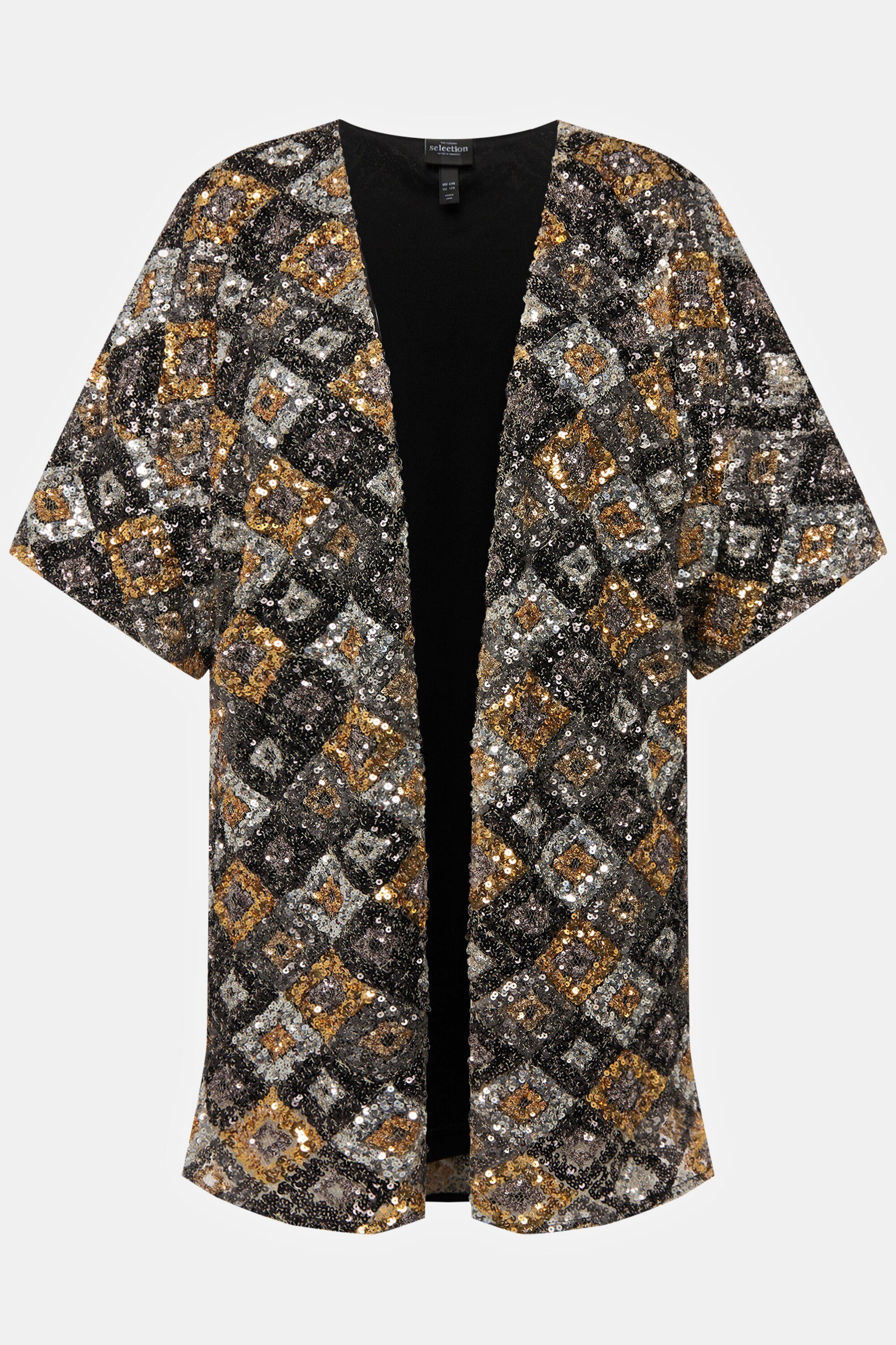 Ulla Popken Kimono Kimono-Jacke Langform, Metallic-Pailletten Materialmix Oversized Halbarm