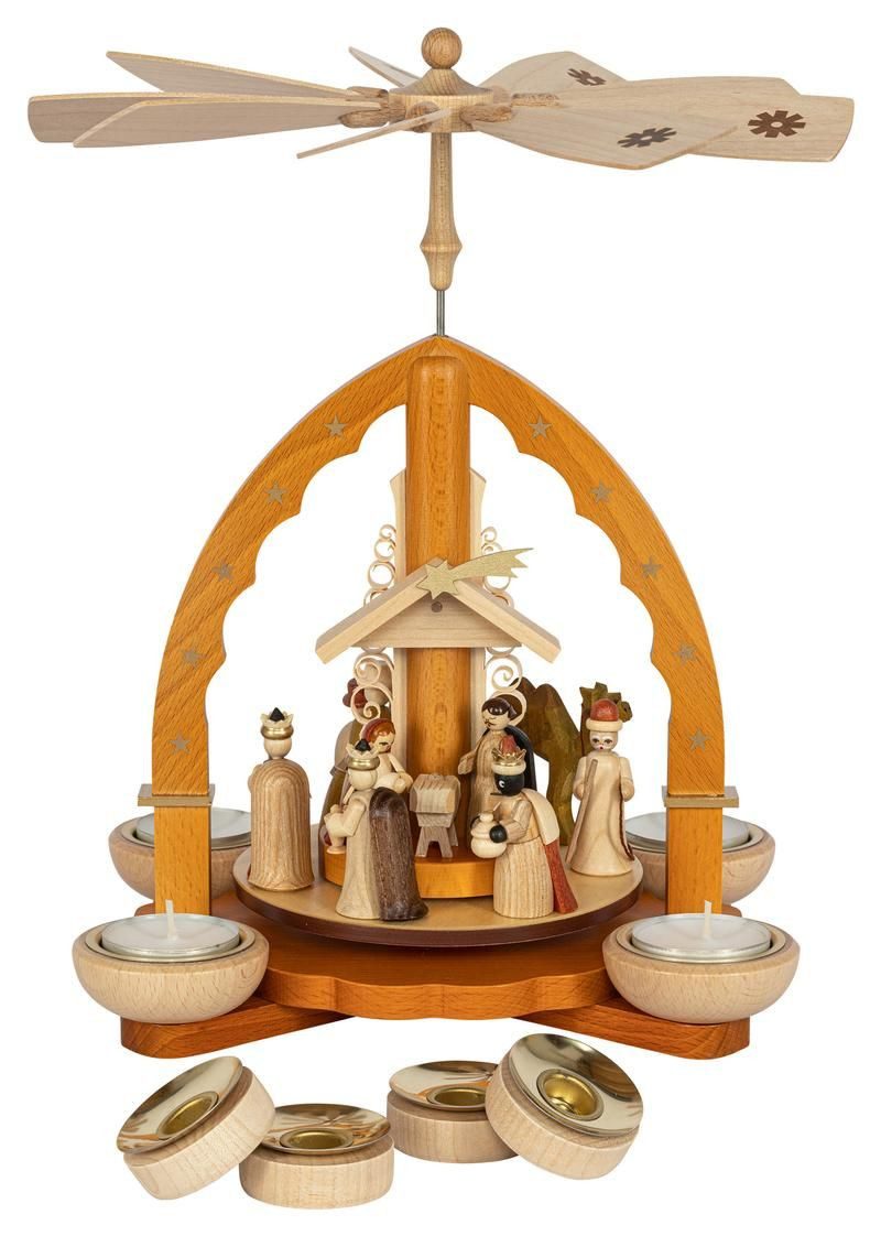 Weihnachtspyramide Pyramide Christi Geburt, natur für Teelichte und Kerzen Höhe 27cm
