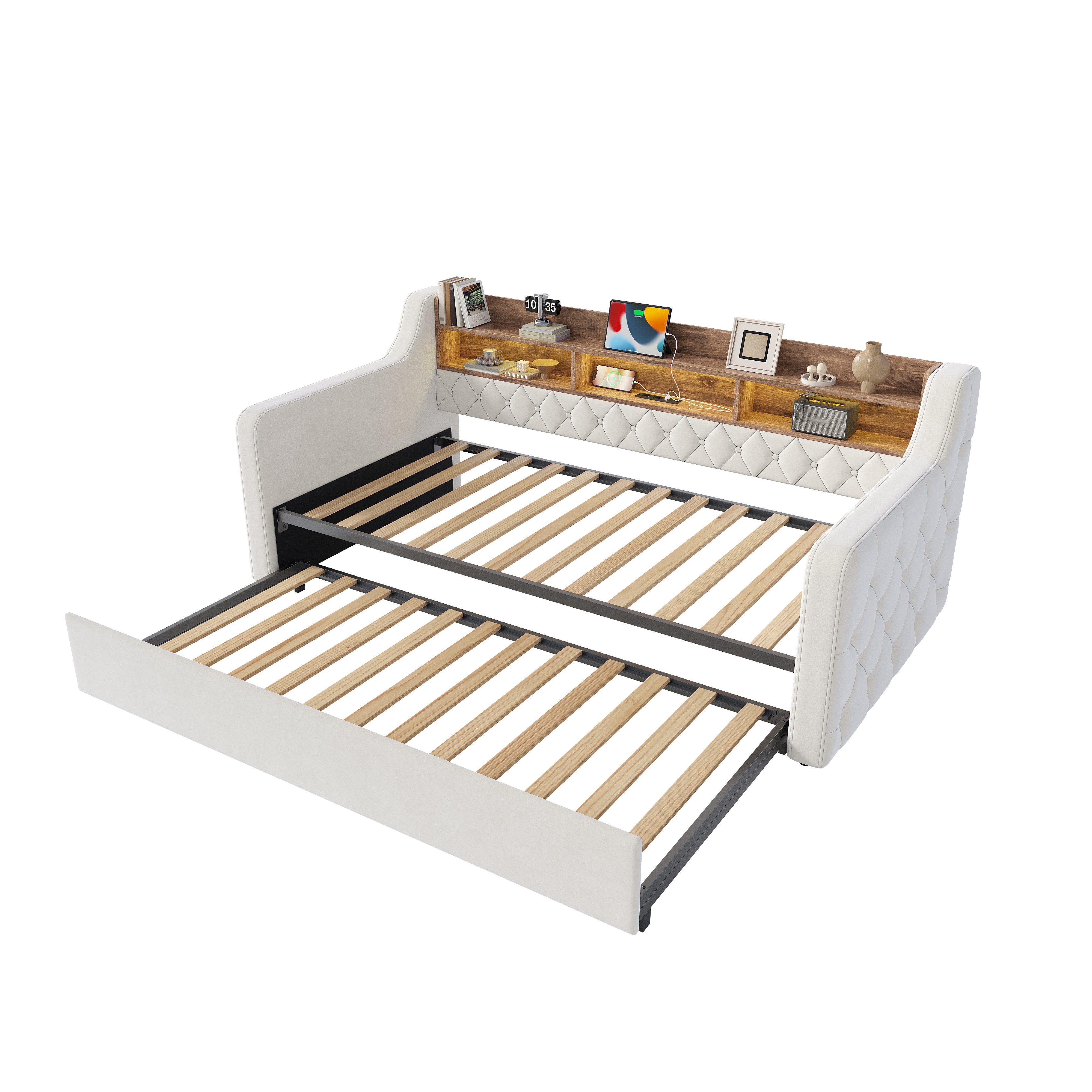 i@home Daybett Tagesbett Schlafsofa Ausziehbar (Gästebett mit Stauraum-Kopfteil, Armlehnen beidseitig, 1 tlg), Lattenrost inkl. Sofabett 90×190 cm