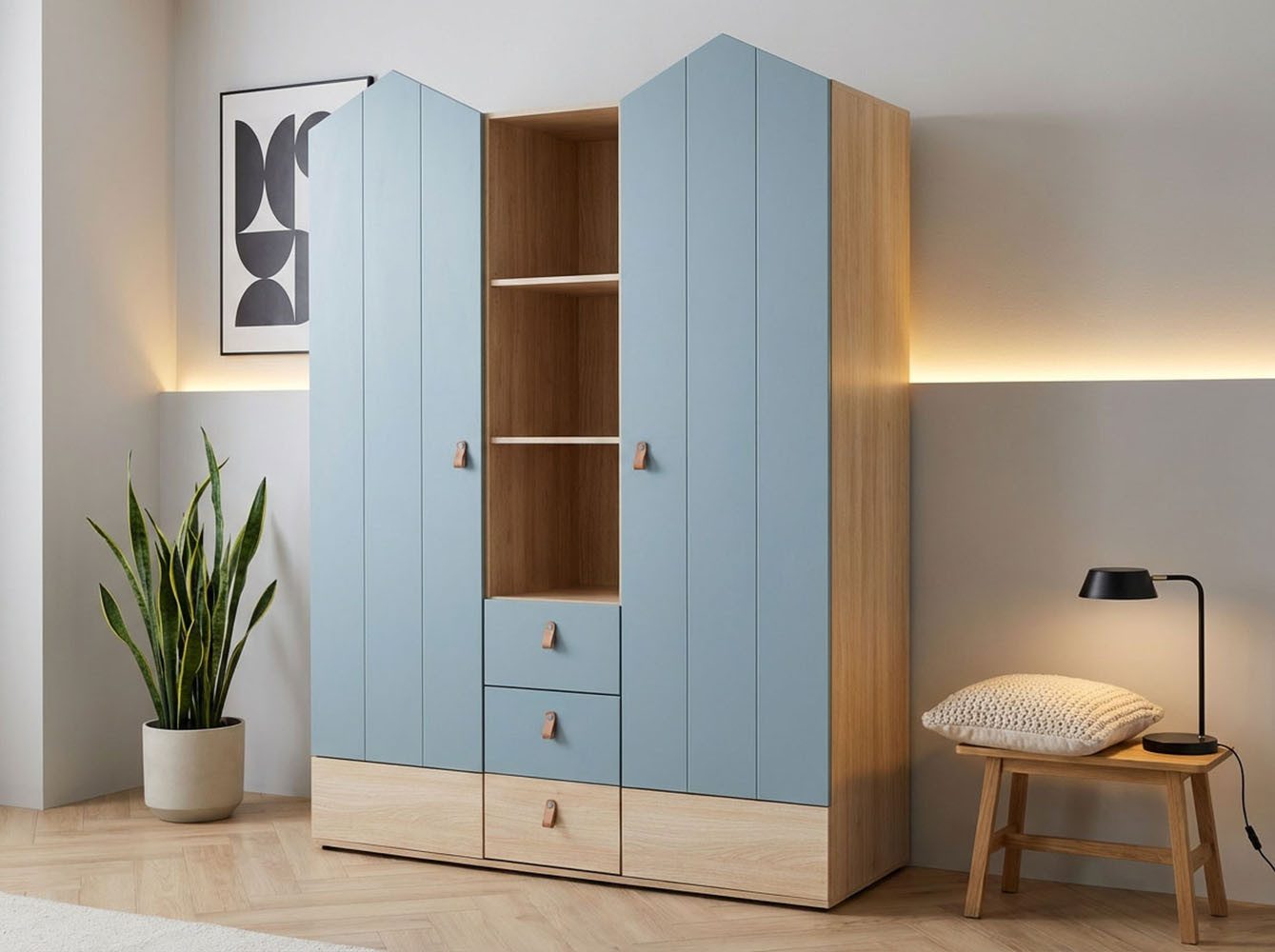 OTTO home Kleiderschrank Hennix skandinavisches Spitzdach-Design mit Soft-Close, viel Stauraum (H/B/T ca. 200/150/51cm) 3 Schubladen, Made in Germany, variable Einlegeböden
