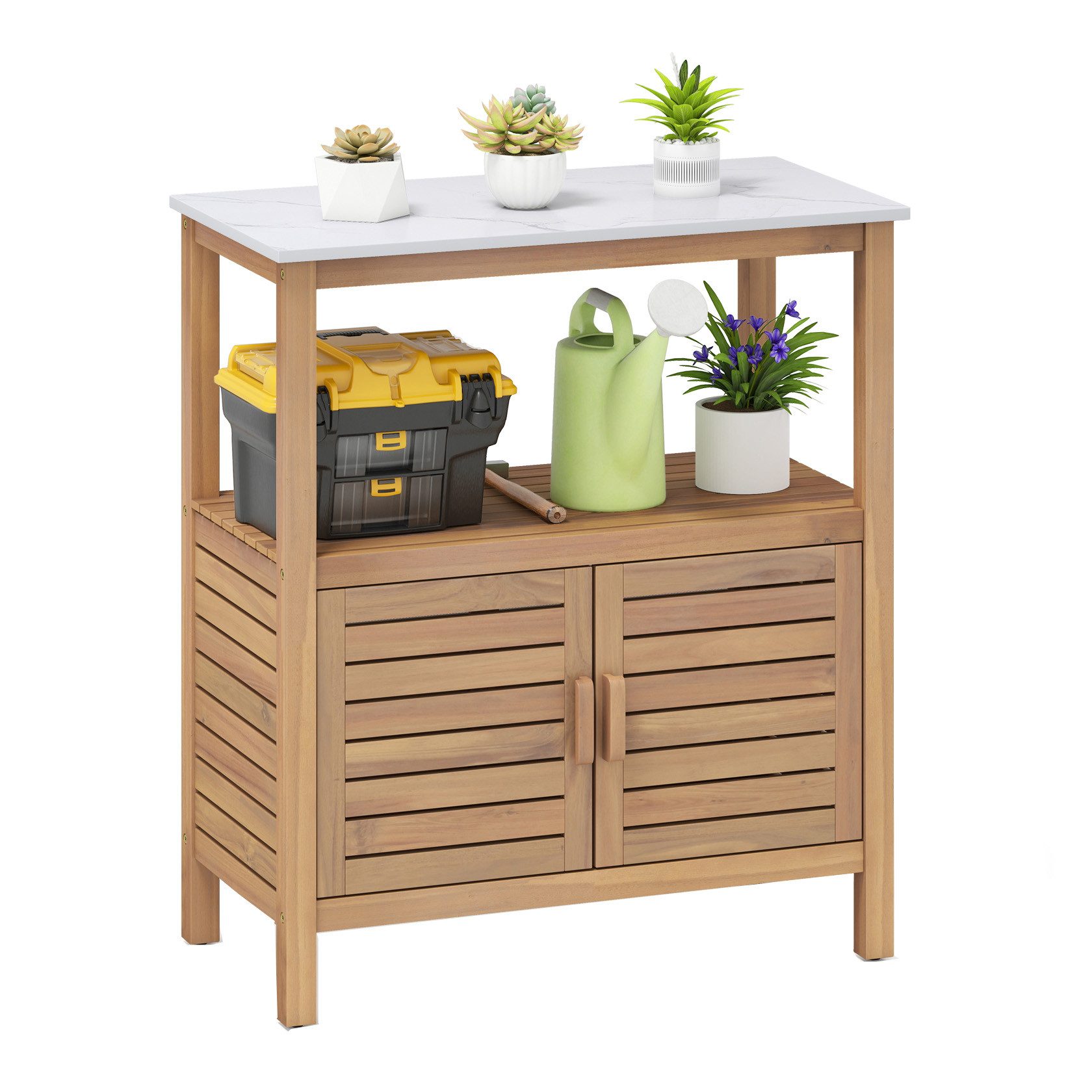 KOMFOTTEU Garten-Geräteschrank, Gartenschrank Beistellschrank mit 2 Ablagen, aus Akazienholz