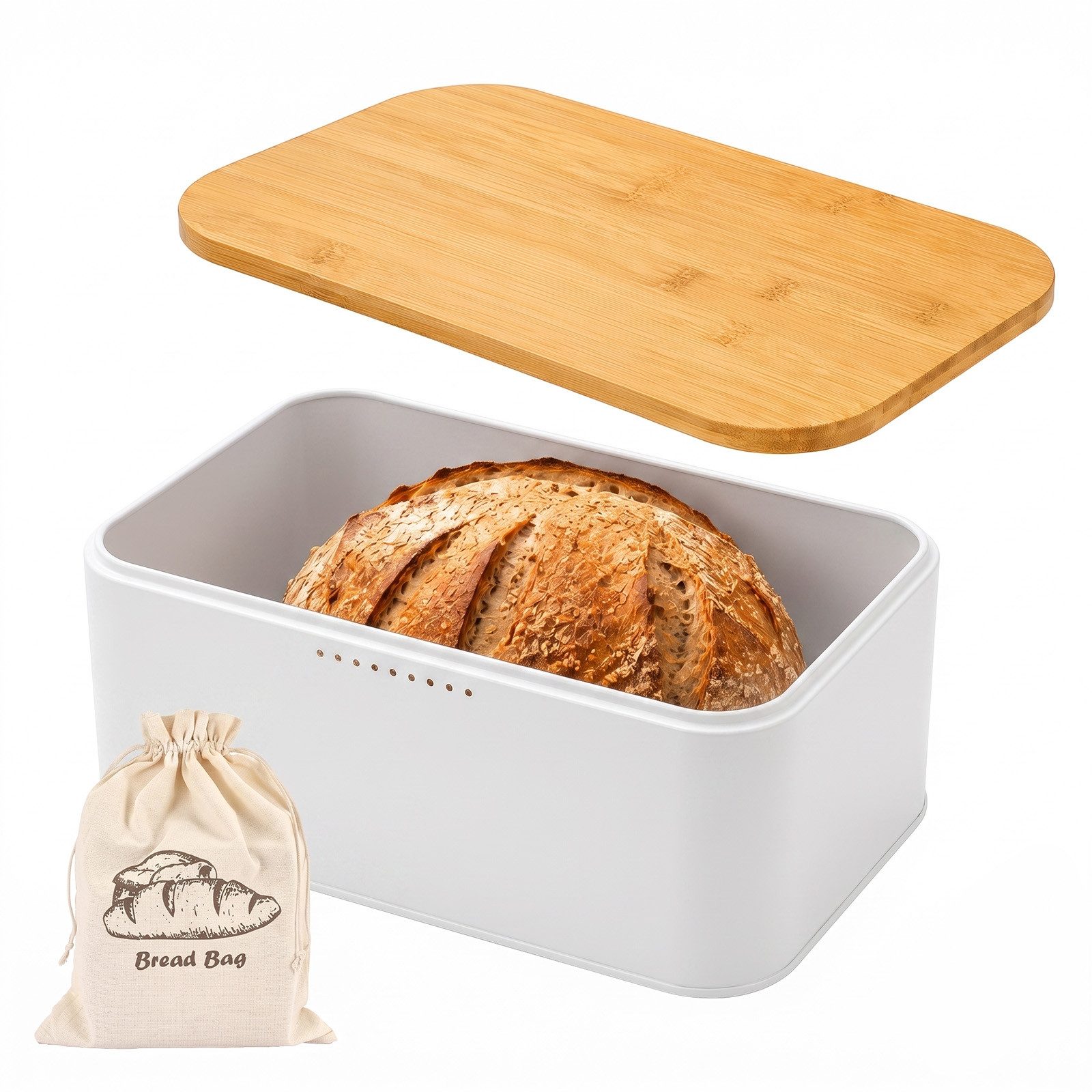 Youyijia Brotkasten Brotkasten mit Bambusdeckel 30x18,5cm Schneidebrett Weiß