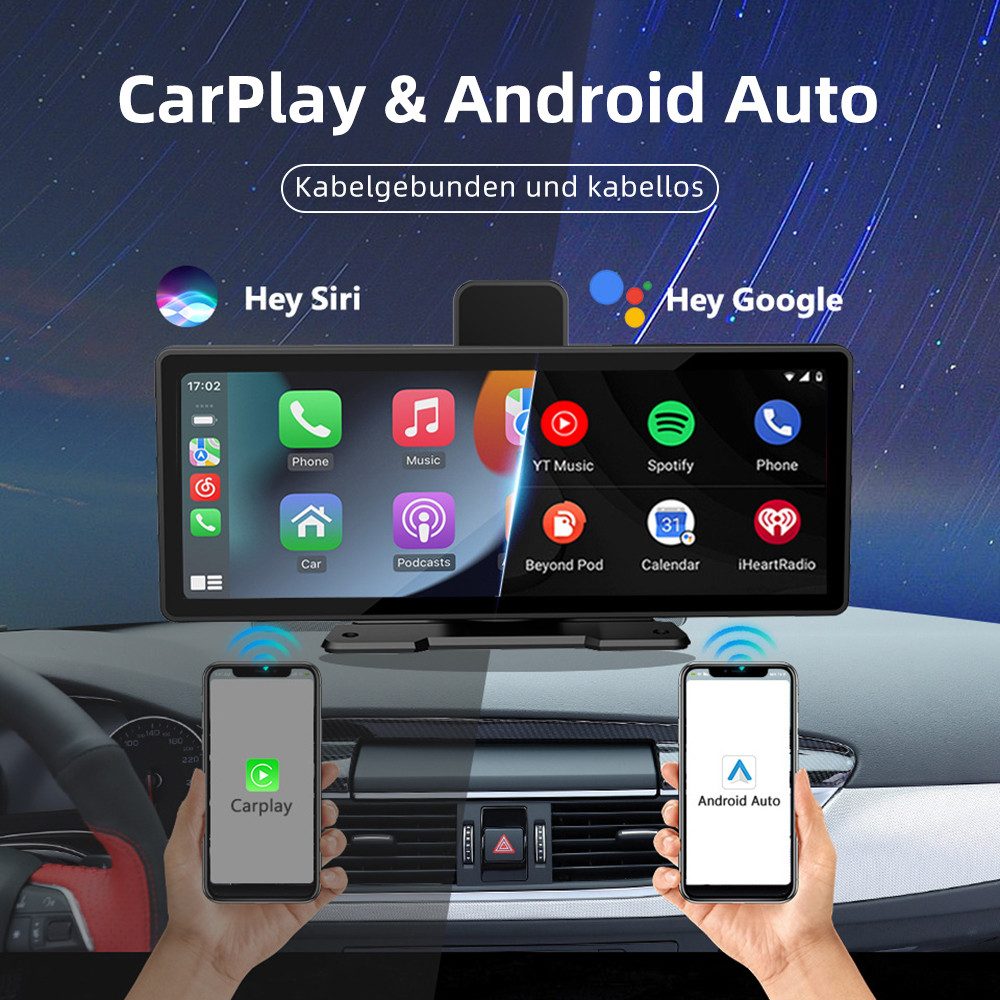 Tekoo 10,26" CarPlay Display mit 4K Dashcam, Android Auto wireless, IPS Dashcam (4K Ultra HD, WLAN, inkl. 4K Dashcam, Dashboard-Halter, AUX-Kabel, Kfz-Ladekabel, 4K Dashcam, Wireless CarPlay, Android Auto, IPS Touch, Loop-Recording)