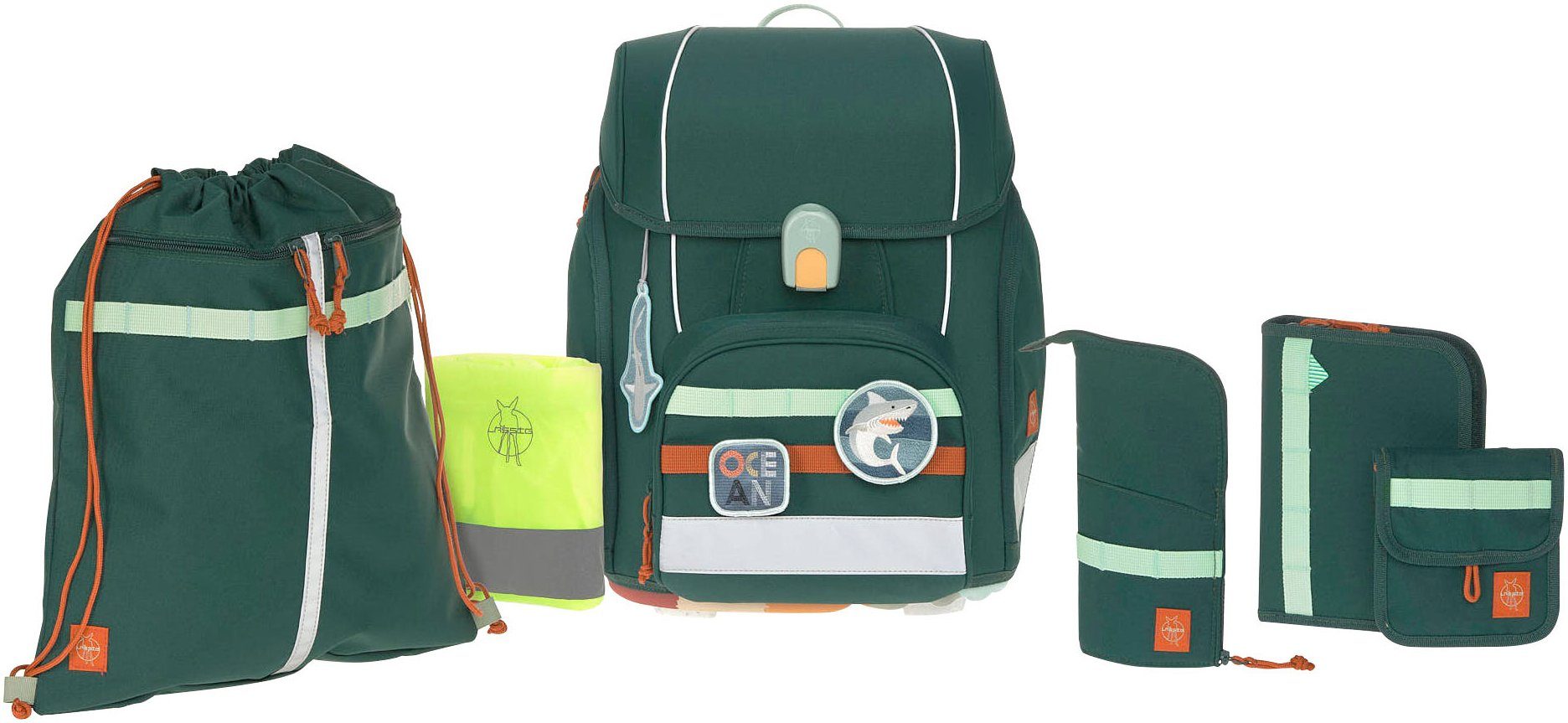 LÄSSIG Schulranzen Unique, Boxy, Ocean Edition, dark green (Set, 7-tlg), PETA-approved vegan; aus recycelten PET-Flaschen