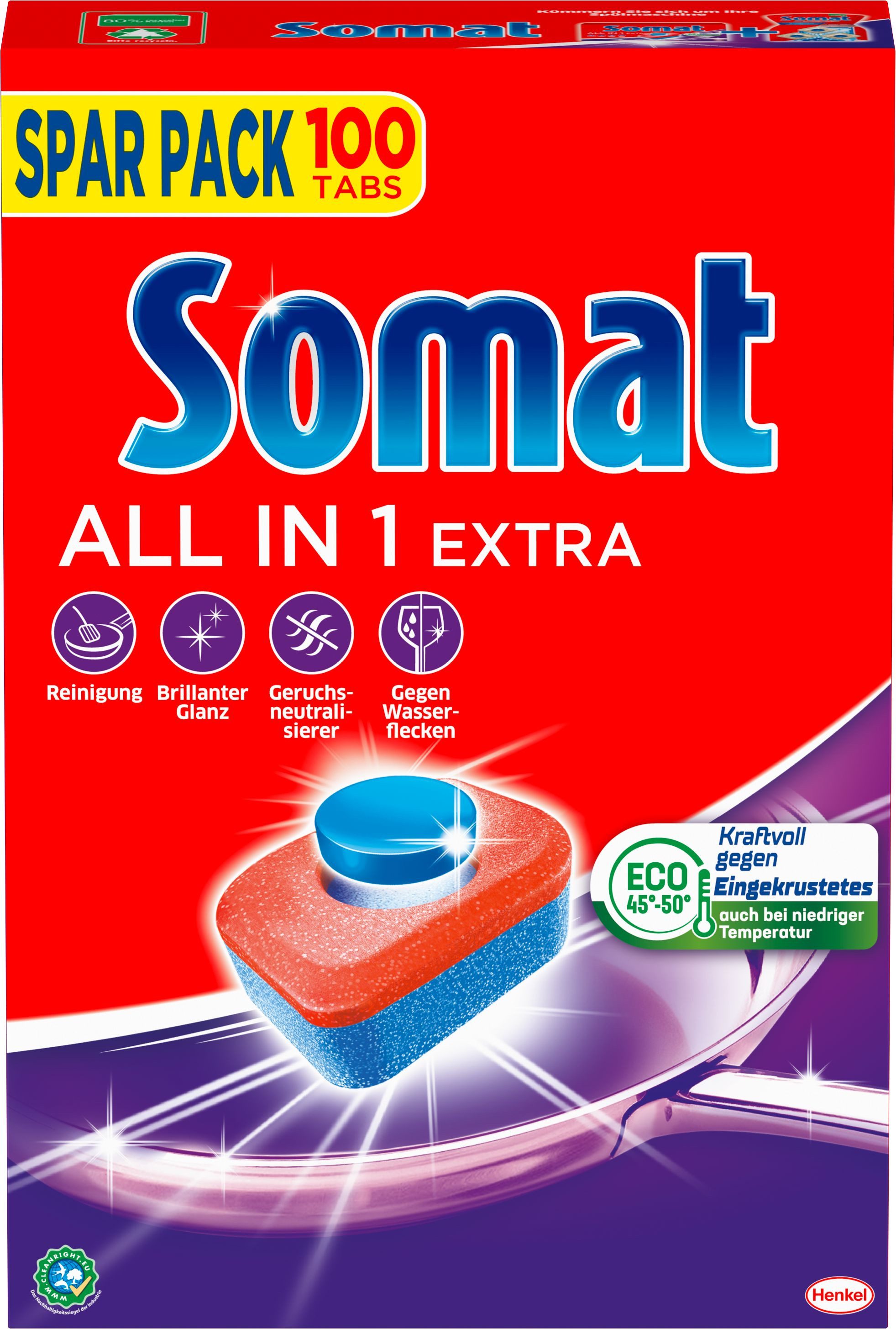 Somat Tabs all in 1 Extra Geschirrspülmittel (Packung, [100-St. für strahlende Sauberkeit auch bei niedrigen Temperaturen bekämpfen selbst eingetrocknete Rückstände)