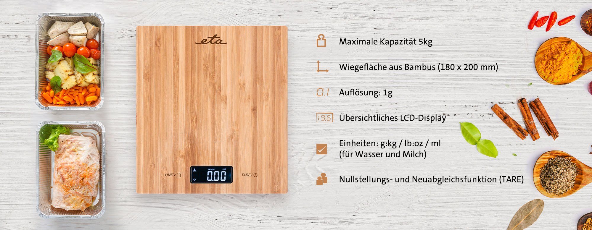 eta Küchenwaage Bambi, ETA977890000, (3-tlg), bis 5kg, Genauigkeit 1g, LCD-Display, TARE, Bambus Design