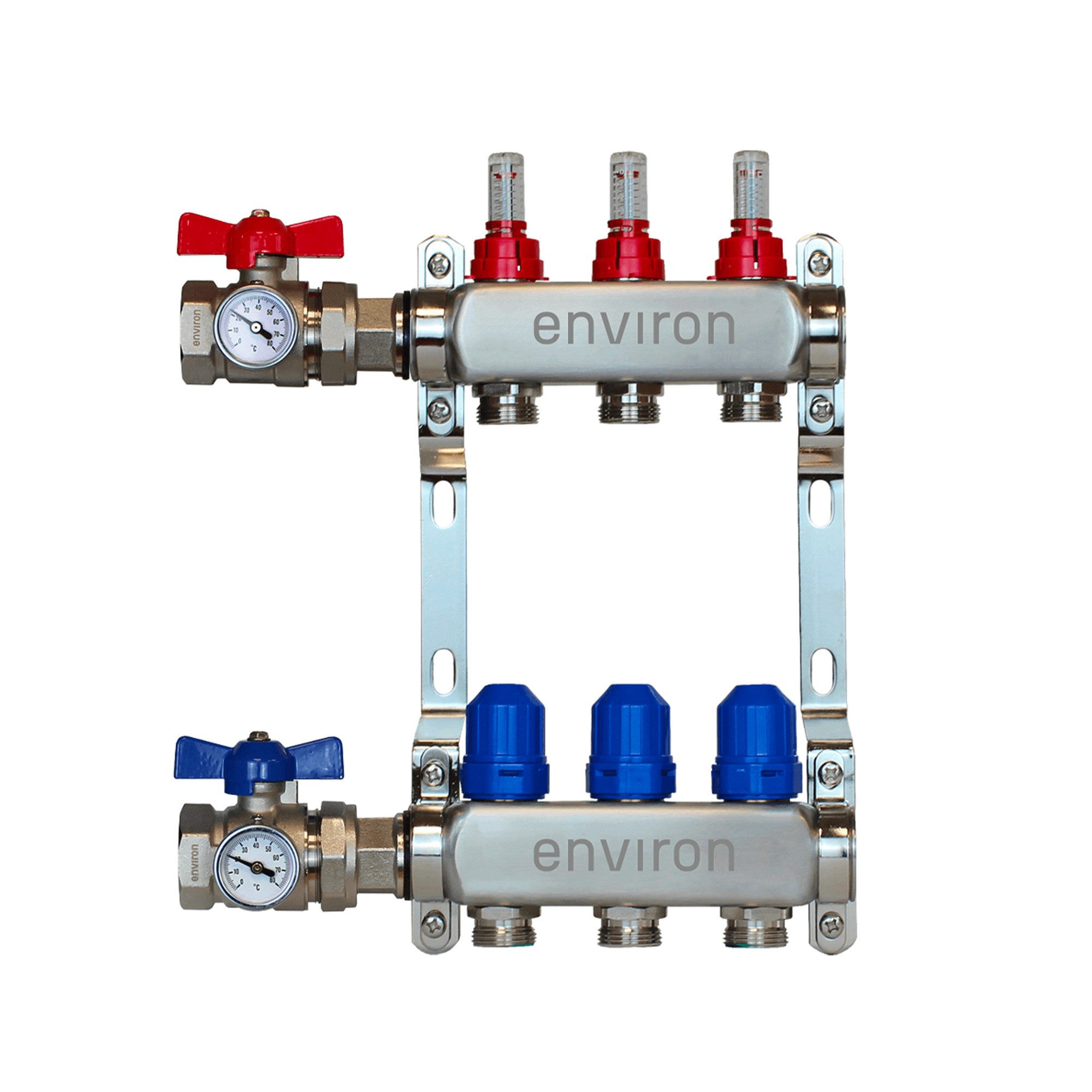 Environ Fußbodenheizung Edelstahl Heizkreisverteiler 2 - 12 fach mit Kugelhahn-Anschluss-Set -