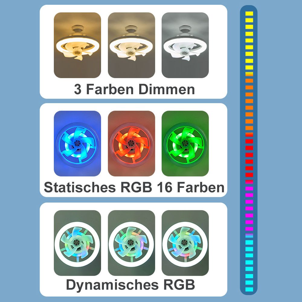 VIVIHEYDAY Deckenventilator LED Decken Ventilator Leuchte Fernbedienung RGB Lampe, 360° Schüttelkopf