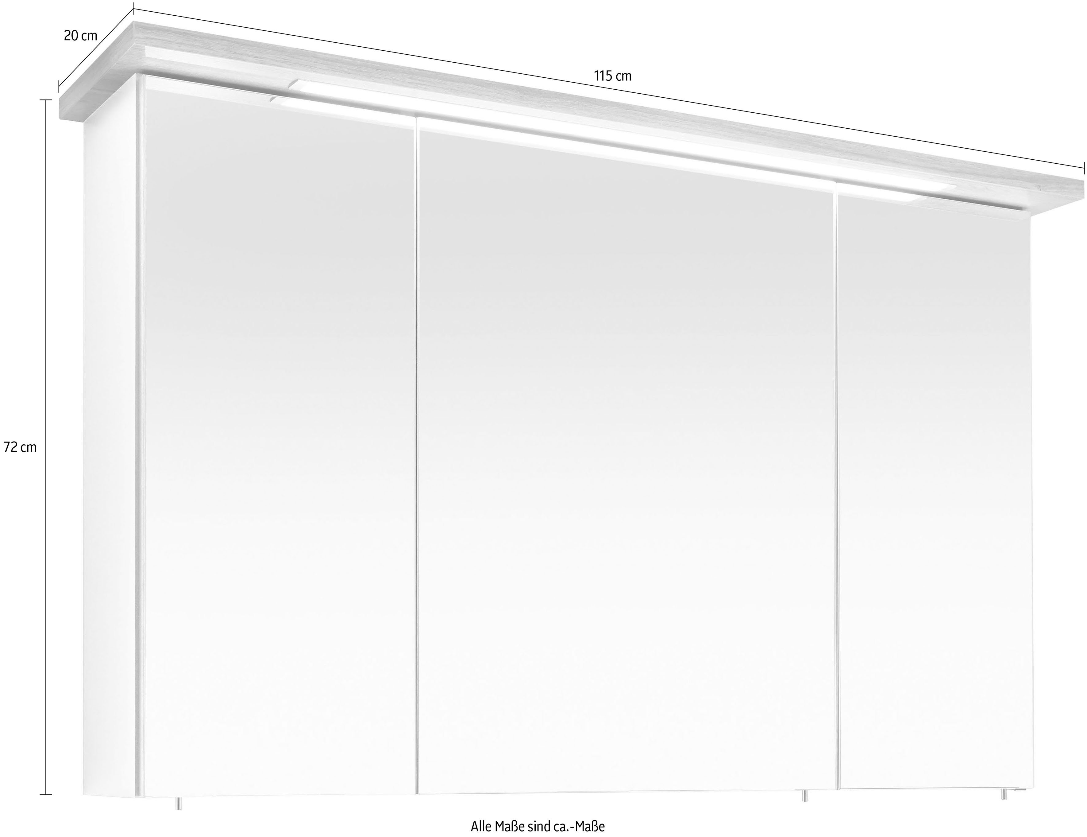 PELIPAL Spiegelschrank Quickset 923 Breite eingelassene LED-Beleuchtung, Steckdosenbox 3-türig, 115 cm