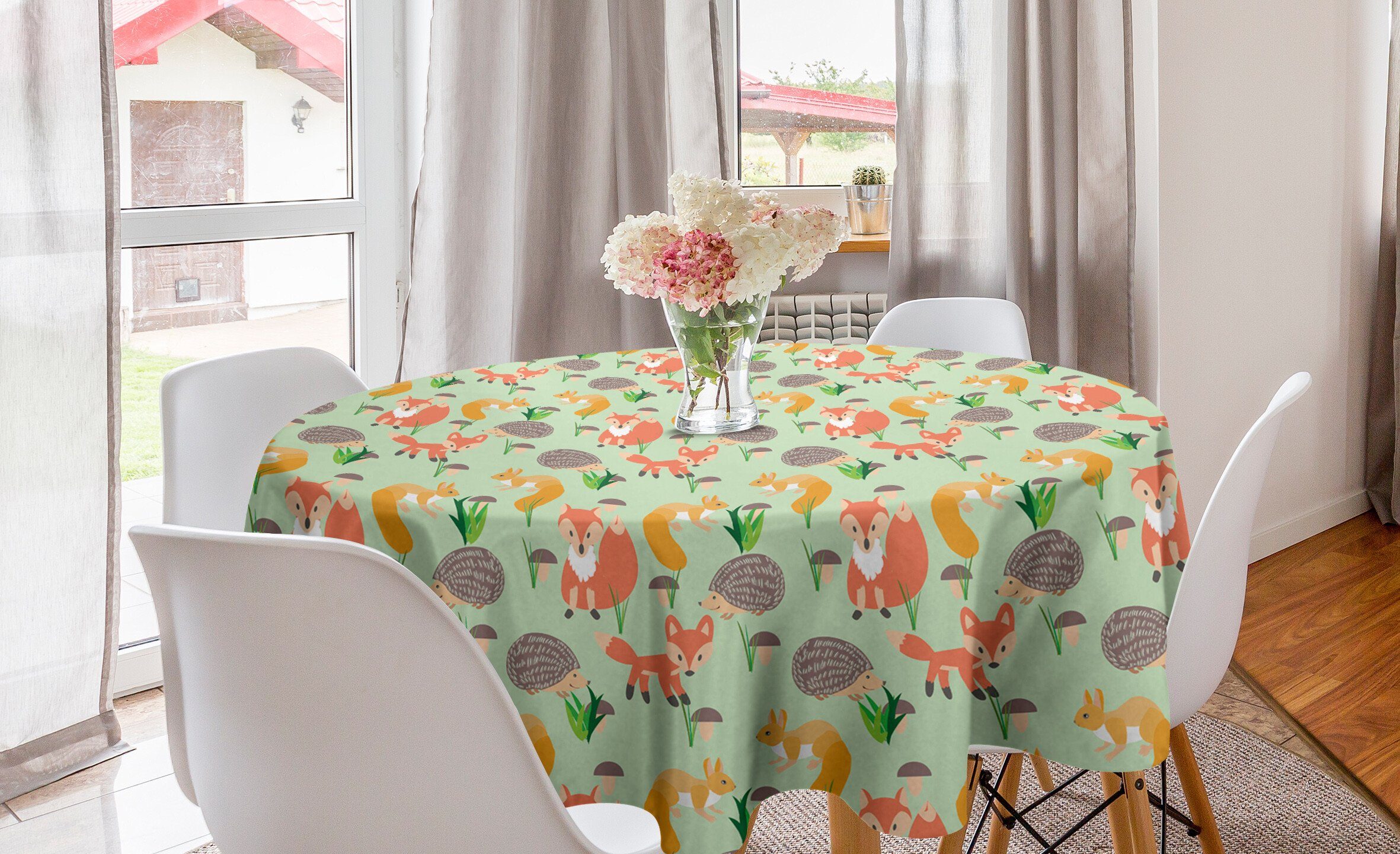 Abakuhaus Tischdecke Kreis Tischdecke Abdeckung für Esszimmer Küche Dekoration, Eichhörnchen Glückliche Wildlife Fauna Kunst