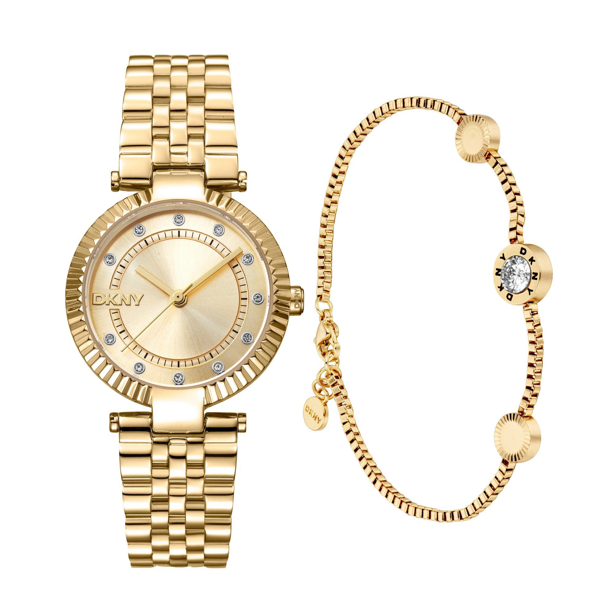 DKNY Quarzuhr Essential Glitz Watch Set DK1L042M0055, (Set, 2-tlg., mit Armband), Armbanduhr, Damenuhr, Edelstahlarmband, Ideal auch als Geschenk