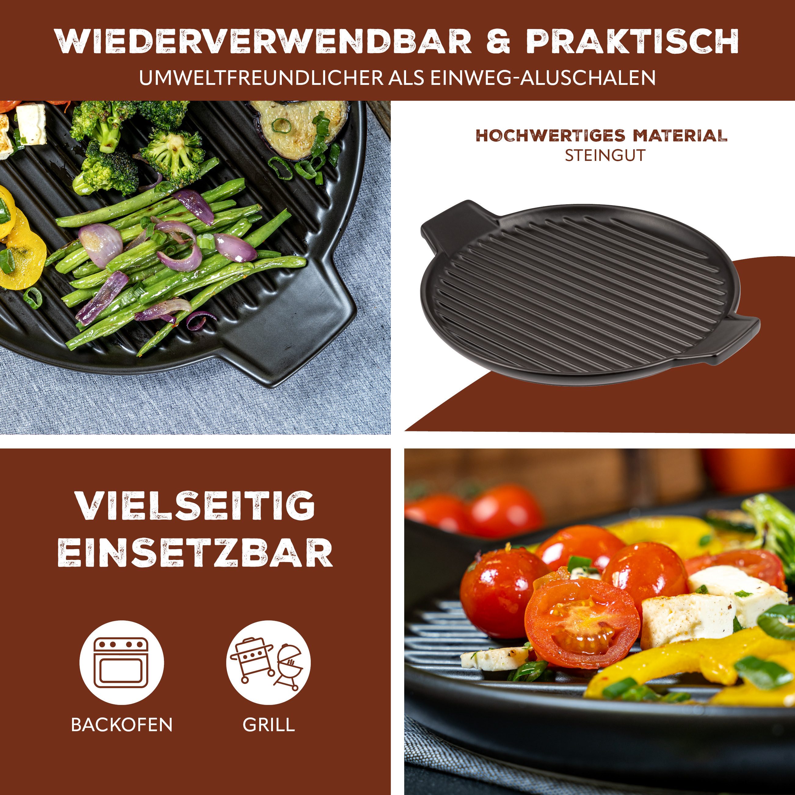 bremermann Grillplatte Grillpfanne Steingut, Grillschale flach für BBQ, rund schwarz (1-St), mit Griffen und Rillenboden