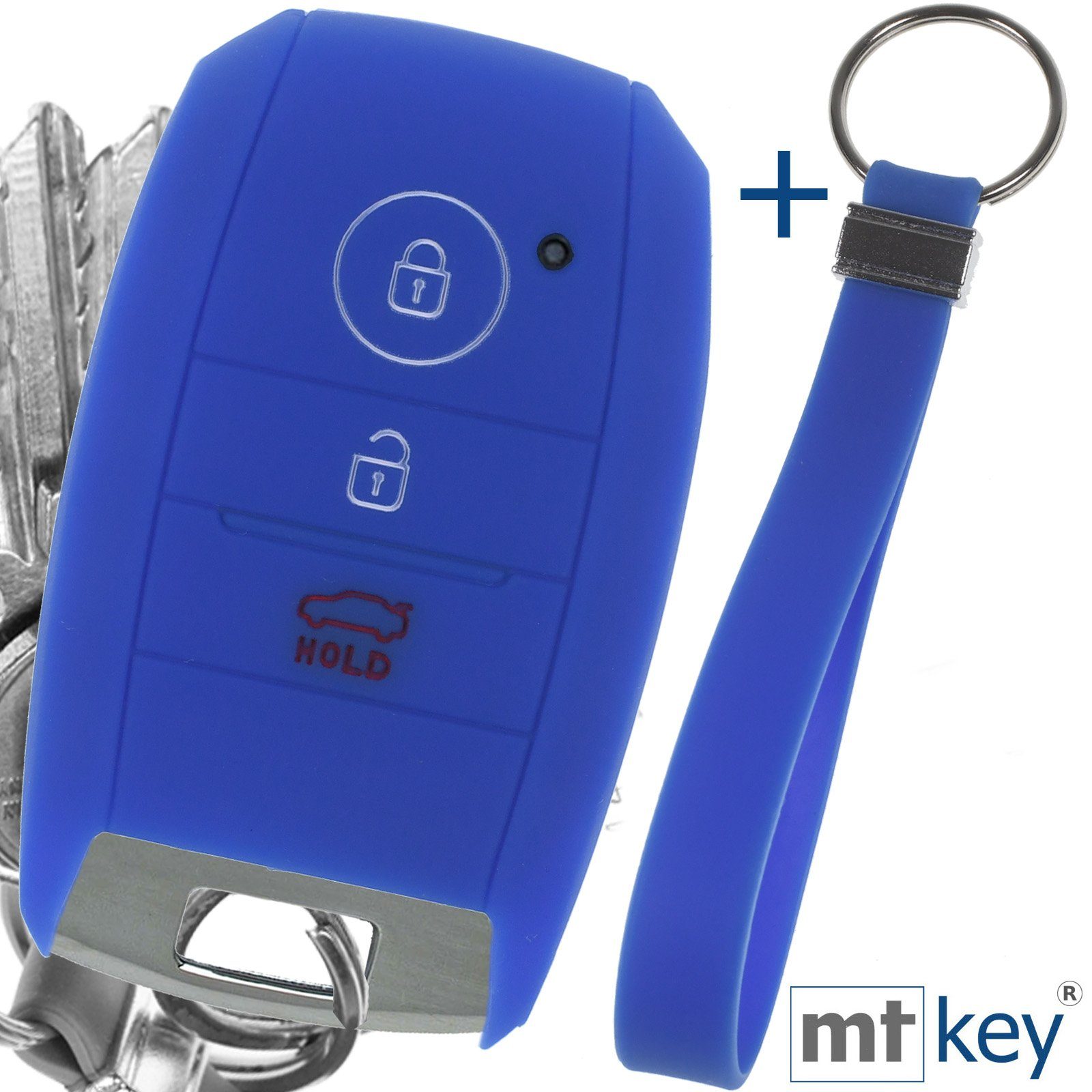 mt-key Schlüsseltasche Autoschlüssel Softcase Silikon Schutzhülle Blau mit Schlüsselband, für KIA Picantio Rio Ceed Soul Sportage Stonic 3 Tasten KEYLESS