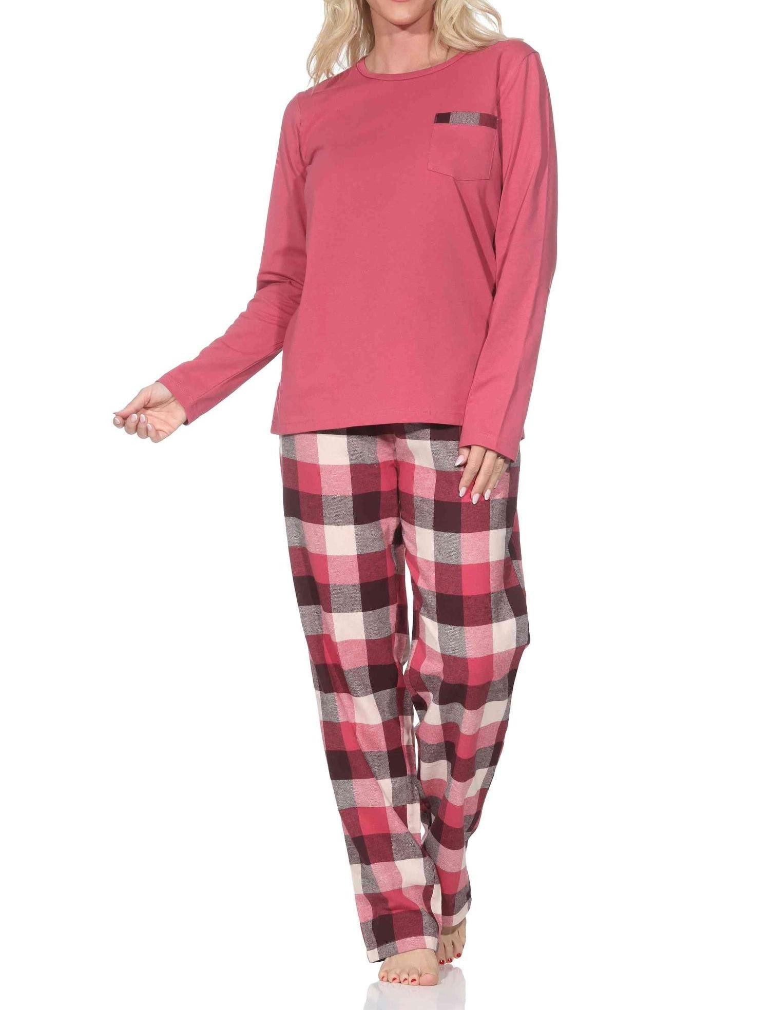 Normann Pyjama Normann Damen Schlafanzug lang Pyjama mit Flanell Schlafhose