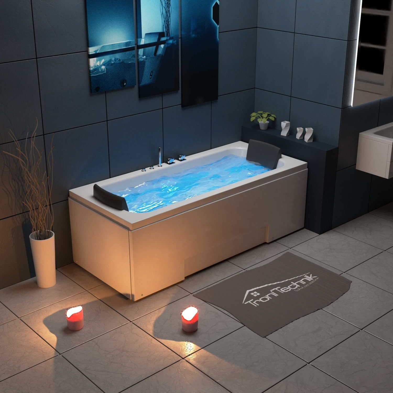 TroniTechnik Whirlpool-Badewanne IOS, 170 cm x 75 cm, Whirlpoolpumpe, 1-2 Personen, (inkl. Zubehör, vormontierte Badewanne mit Unterwasser LED), Premium Whirlpoolpumpe, Unterwasser LED, Massagedüsen