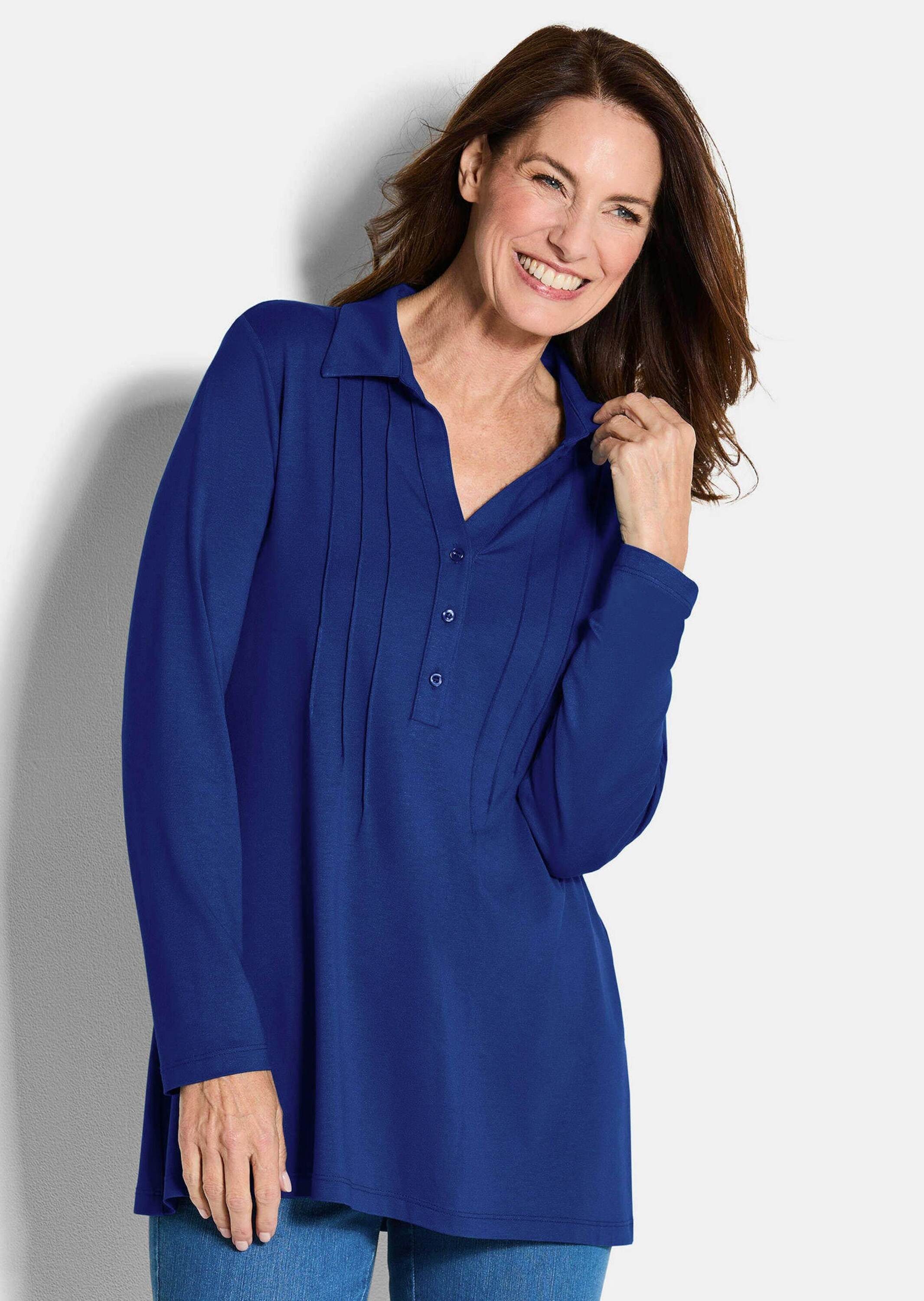 Longshirt Kurzgröße: Halbarm Blusenshirt mit Hemdkragen