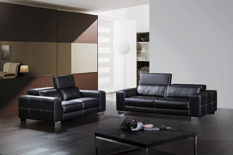 JVmoebel Garnitur Europe Sitzer Sofa, Schwarz Ledersofa 3+2 Design Sofa Made in Couch Wohnlandschaft Modern