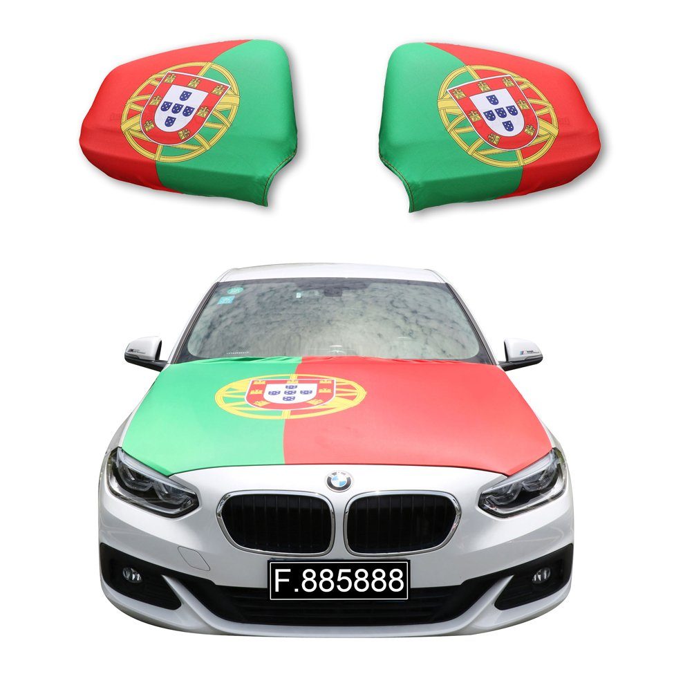 Sonia Originelli Fahne Fanset Auto EM "Portugal" Fußball Motorhaube Außenspiegel Flagge, für alle gängigen PKW Modelle, Motorhauben Flagge: ca. 115 x 150cm | Fanfahnen