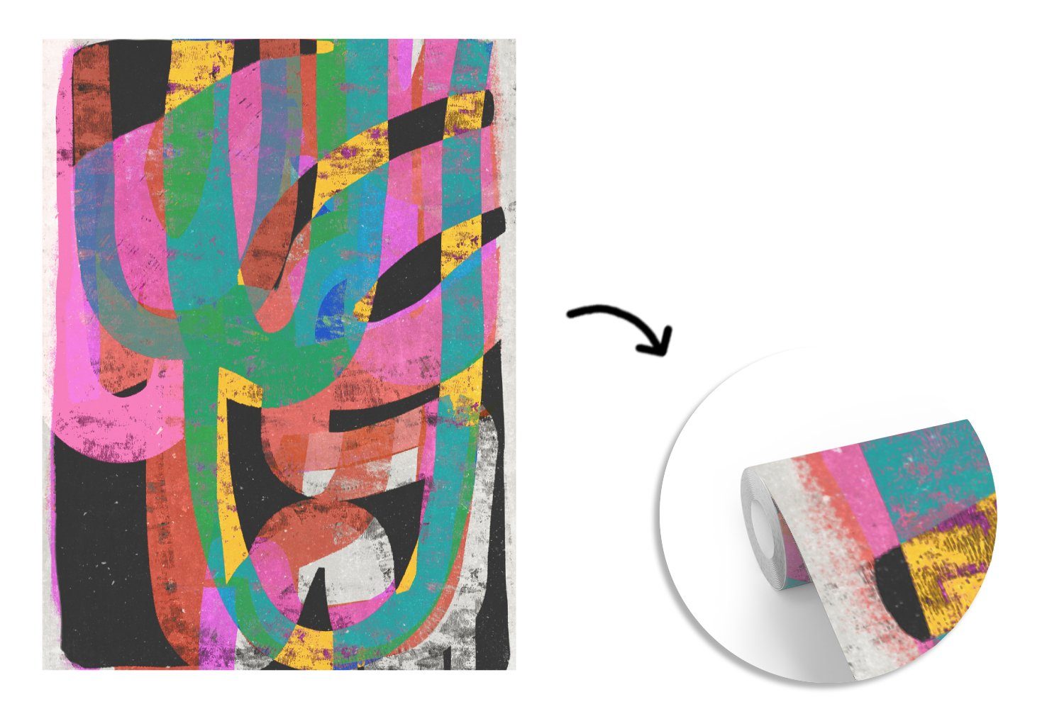 - Matt, Montagefertig Wandtapete bedruckt, Farben Grün - (4 Wohnzimmer, Tapete - Kunst, St), MuchoWow Fototapete für Rosa Abstrakt - Vinyl