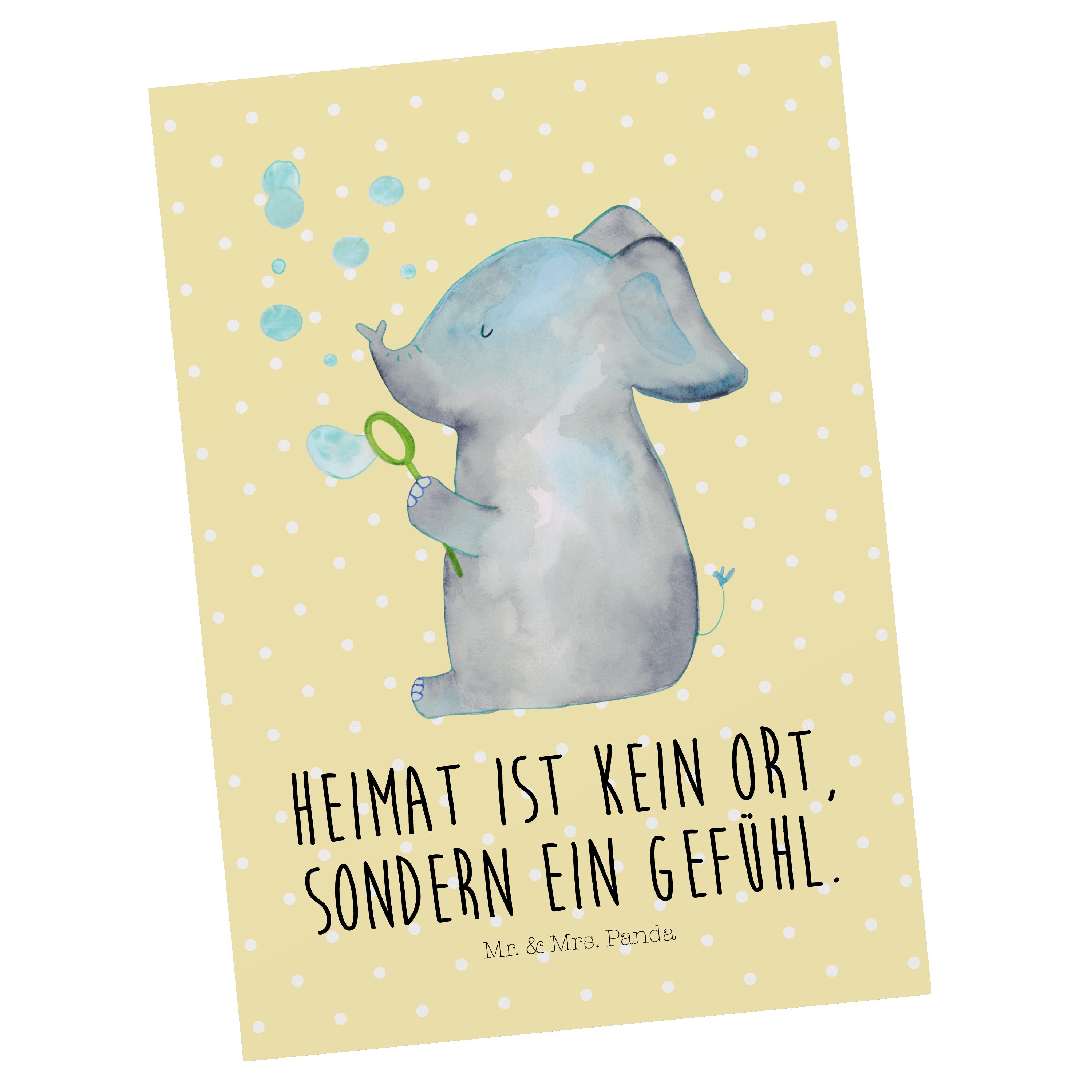 Mr. & Mrs. Panda Postkarte Elefant Seifenblasen - Gelb Pastell - Geschenk, Einladungskarte, Ansi