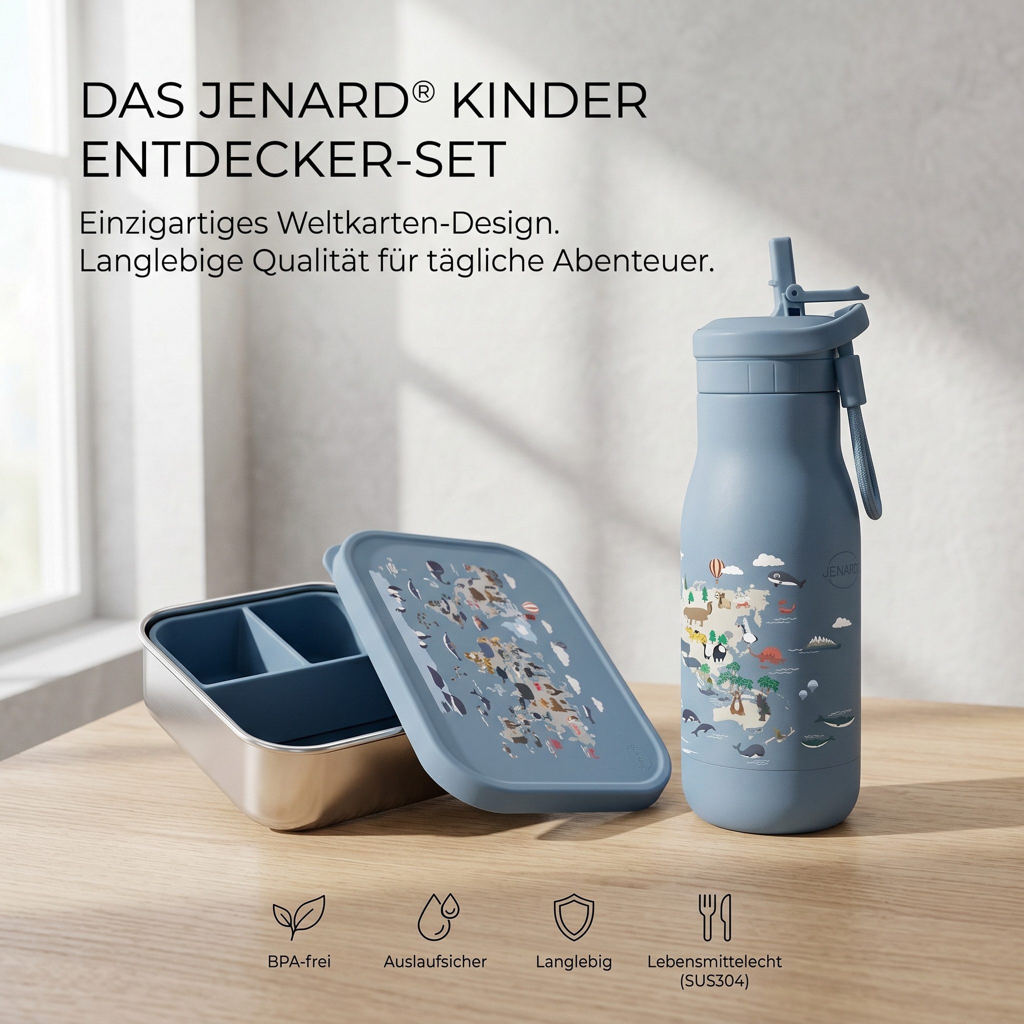 JENARD Lunchbox Set Brotdose & Trinkflasche Edelstahl – Weltkarte mit Tiere Blau, Edelstahl, PP, (2-tlg., 2-teilig, Brotdose und Trinkflasche), BPA-frei, kindge – Bild 2 von 5