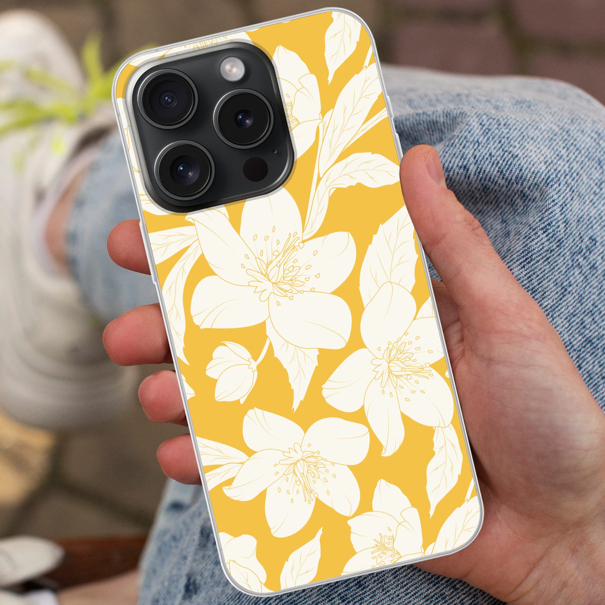 MuchoWow Handyhülle für Apple iPhone 15 Pro Blumen - Muster - Gelb - Weiß, Smartphone-Bumper, Print, Handy Schutzhülle Dünn