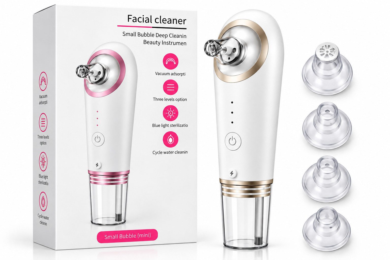 COIL Porenreiniger Gesichtsreiniger mit Vakuumfunktion, 4 Aufsätze, 3 Saugstufen, 1000 mAh Akku, USB-aufladbar, Weiß-Gold