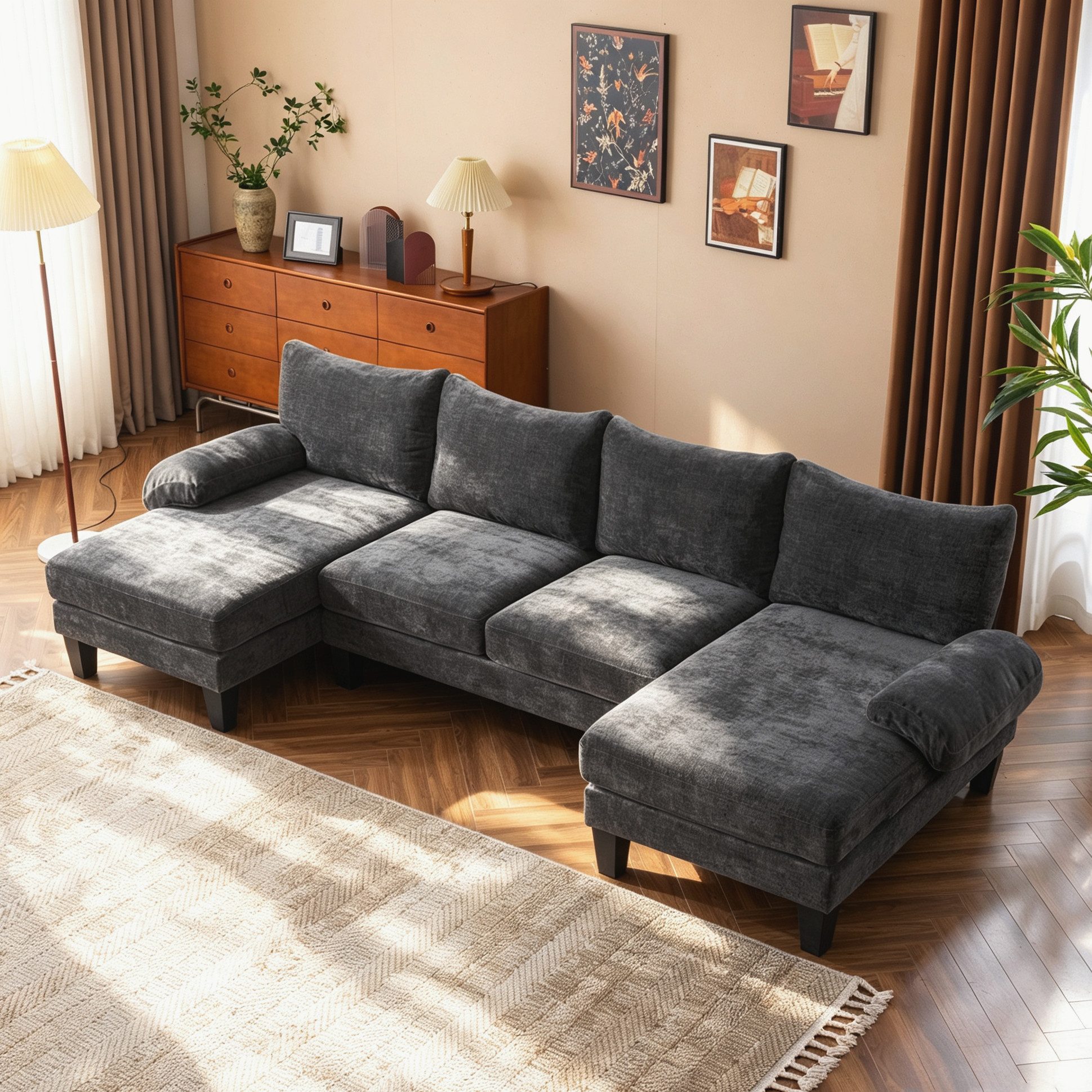 VINGLI Ecksofa U-Form, 283 × 123 × 84 cm, Couch mit Chaiselongue, aus Cord Chenille